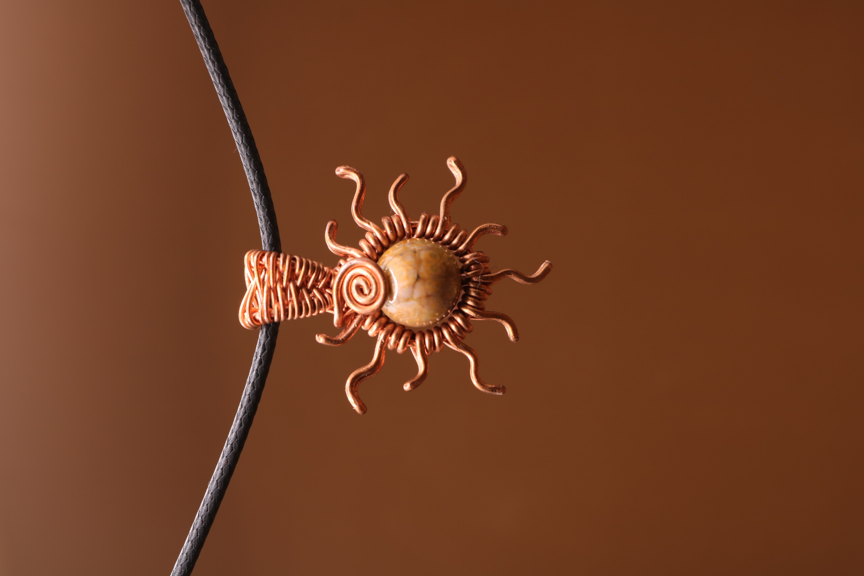 Copper Wire Wrapped Ocean Jasper Crystal Sun Necklace Pendant