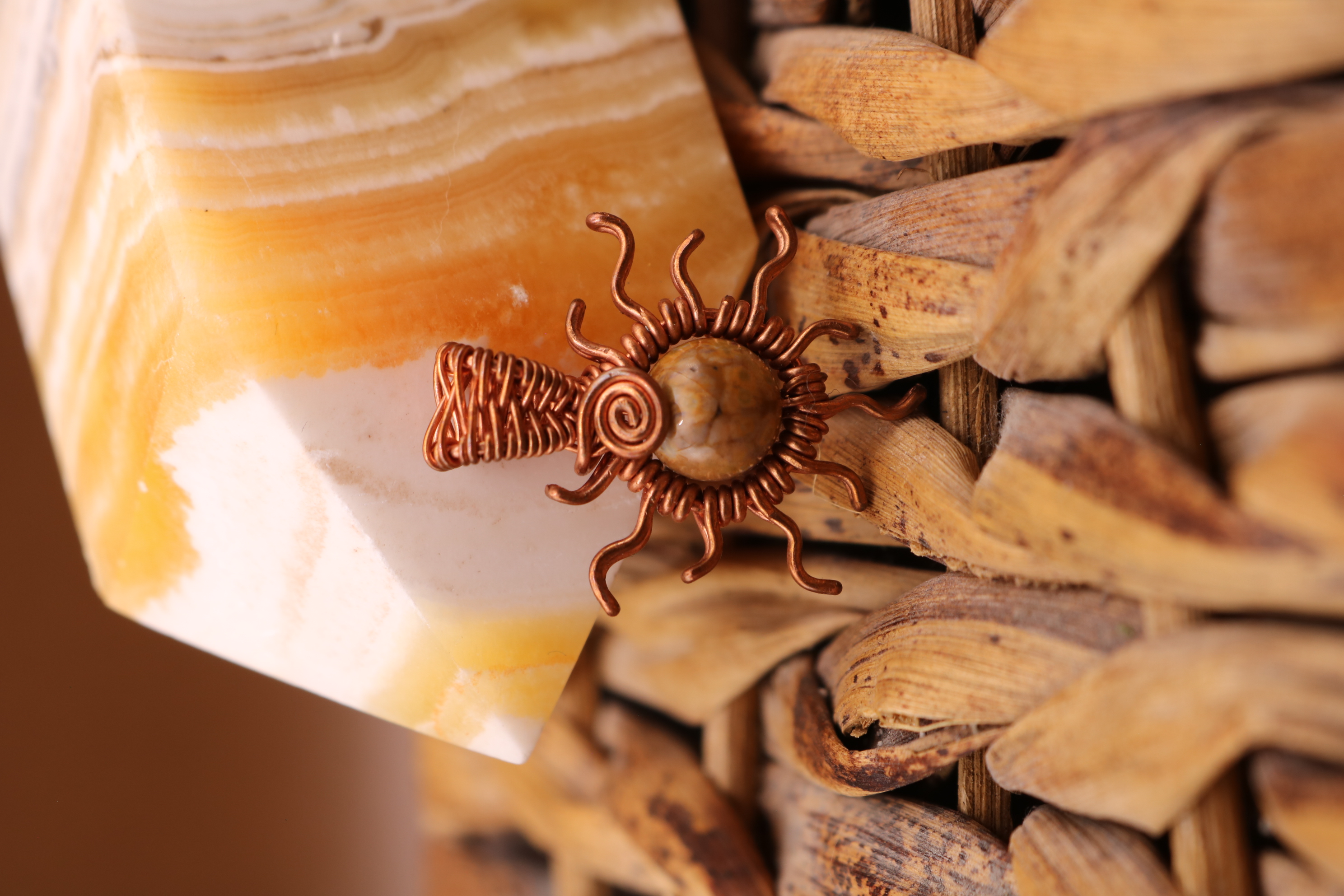 Copper Wire Wrapped Ocean Jasper Crystal Sun Necklace Pendant