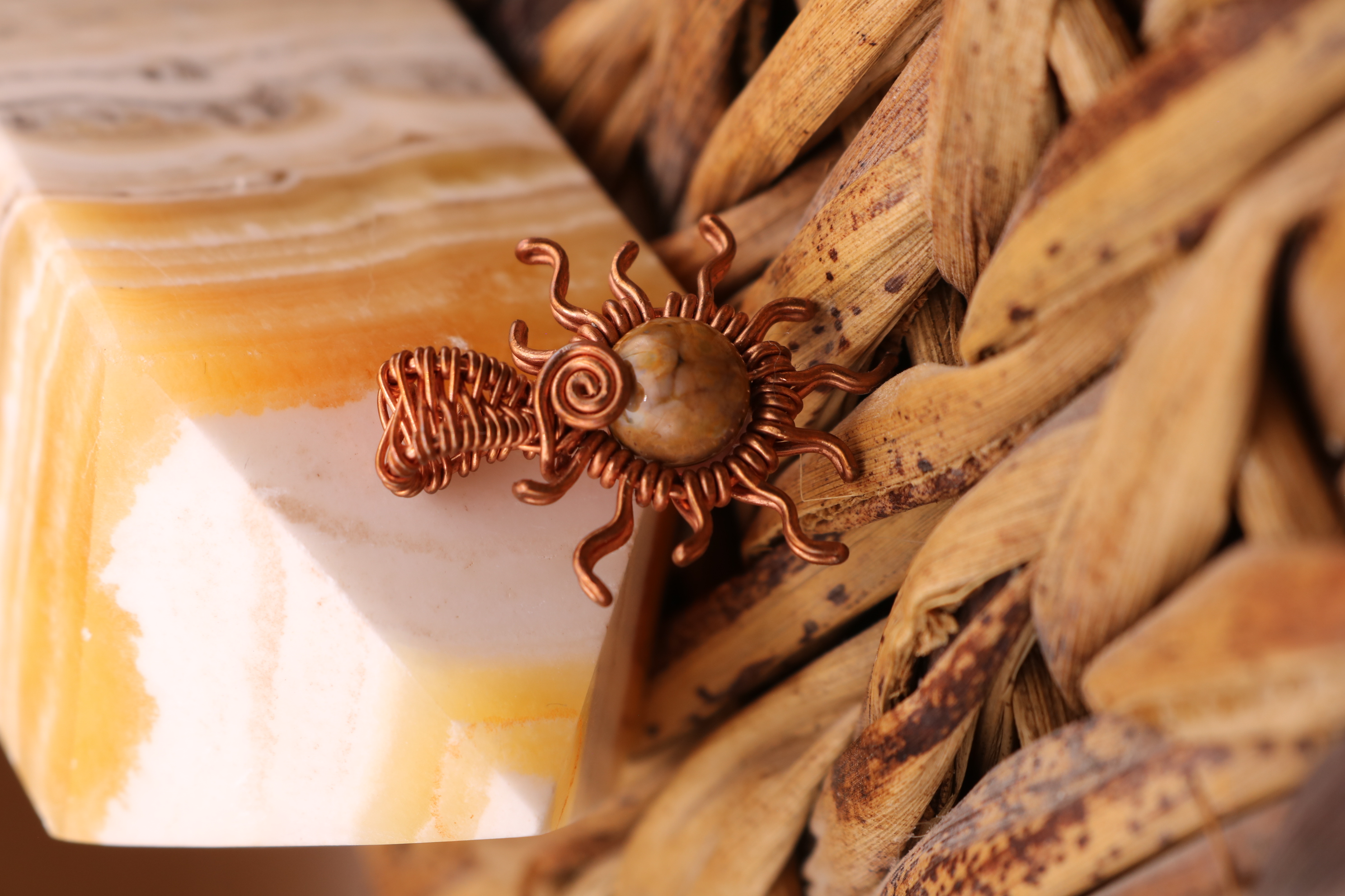 Copper Wire Wrapped Ocean Jasper Crystal Sun Necklace Pendant