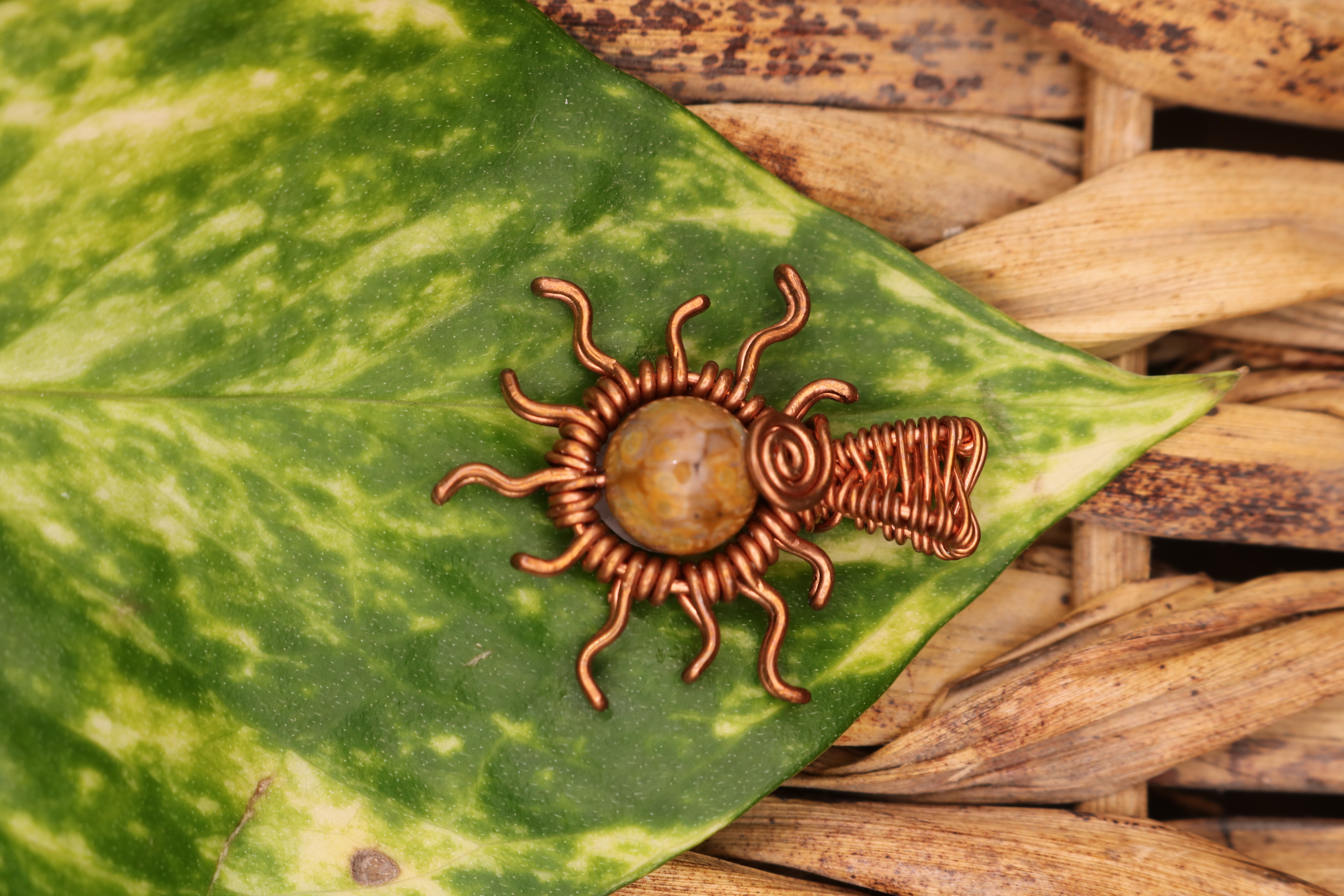 Copper Wire Wrapped Ocean Jasper Crystal Sun Necklace Pendant