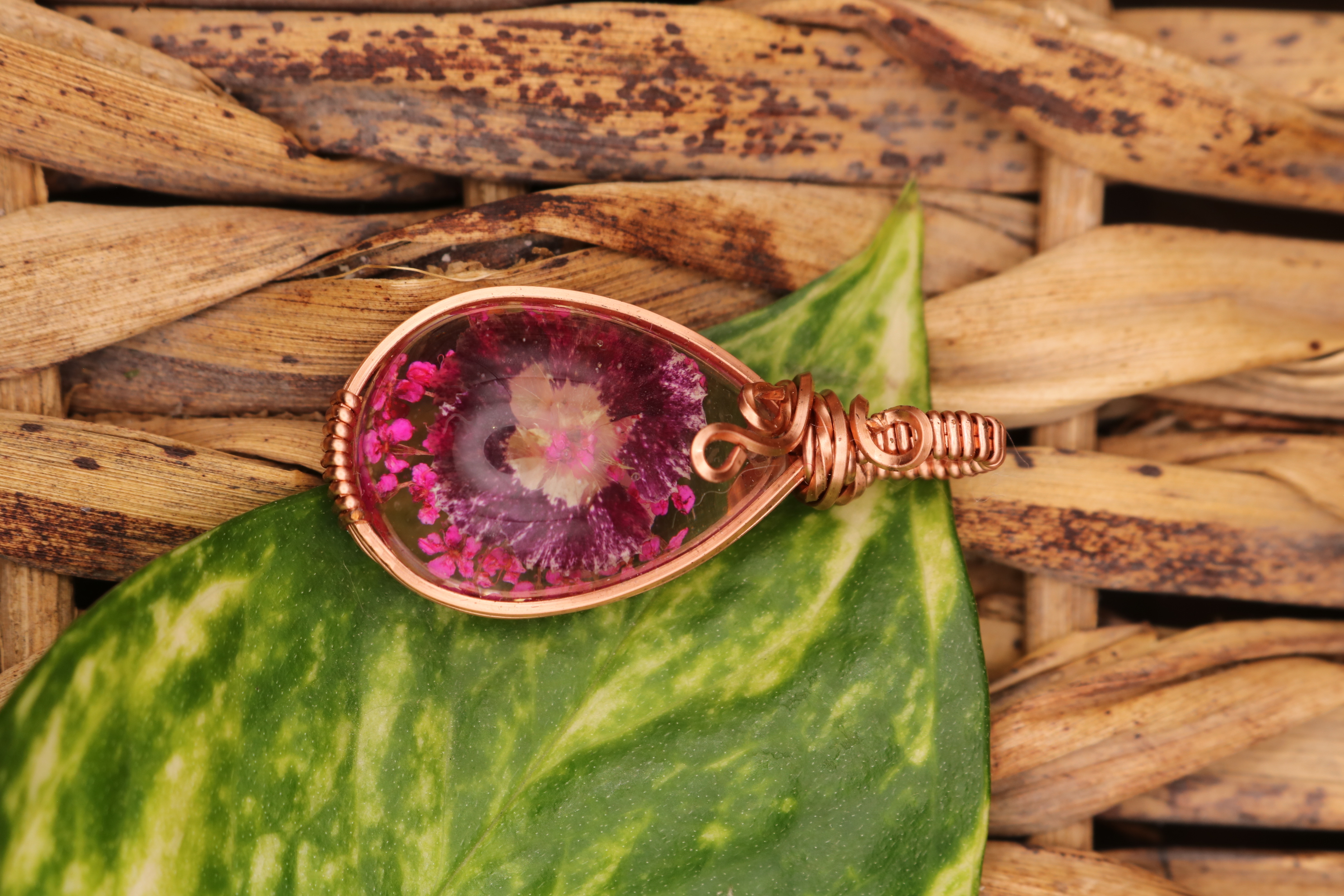 Copper Wire Wrapped Resin Flower Necklace Pendant