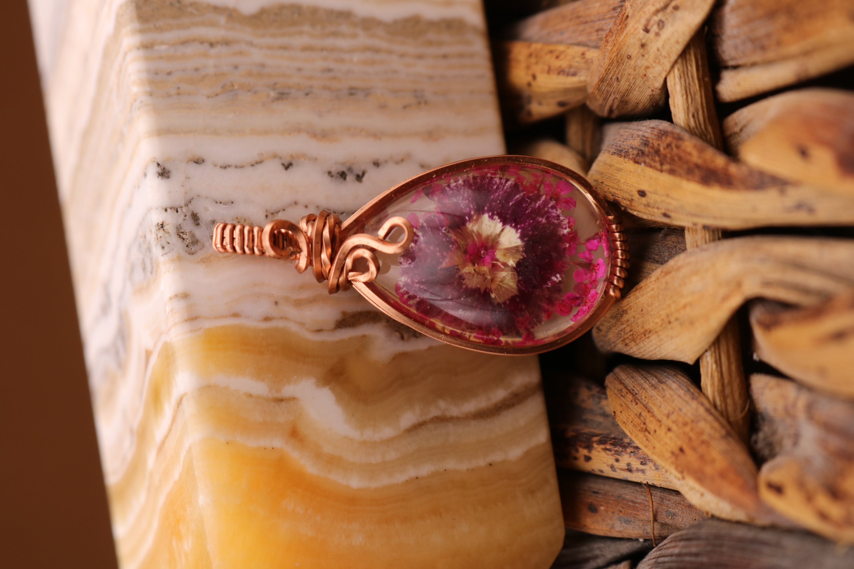 Copper Wire Wrapped Resin Flower Necklace Pendant