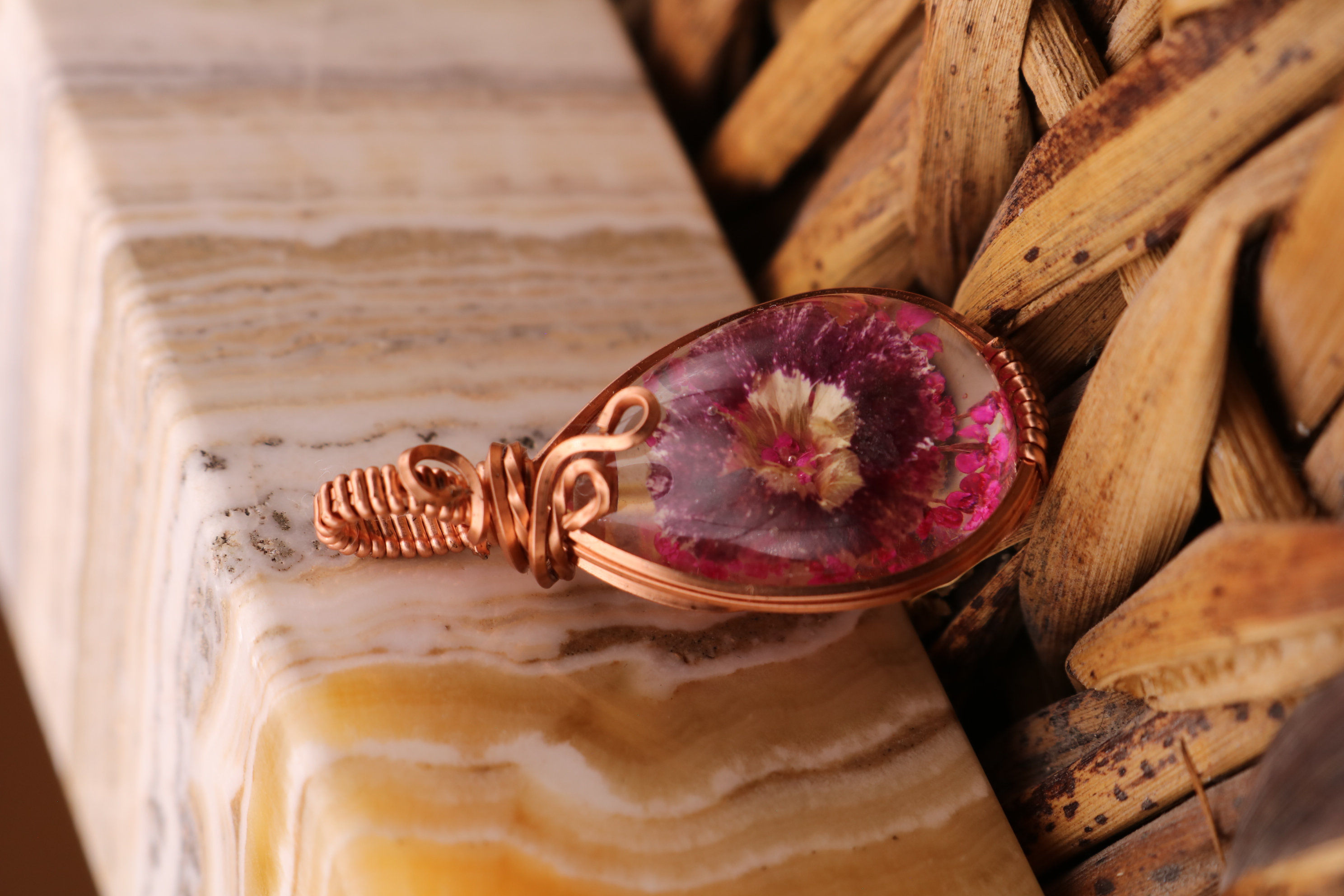 Copper Wire Wrapped Resin Flower Necklace Pendant