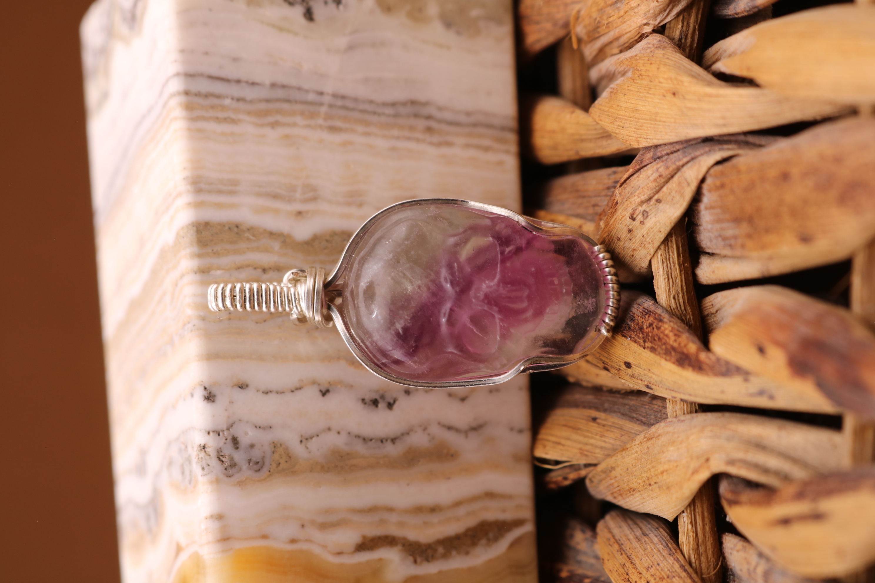 Silver Wire Wrapped Fluorite Crystal Skull Necklace Pendant