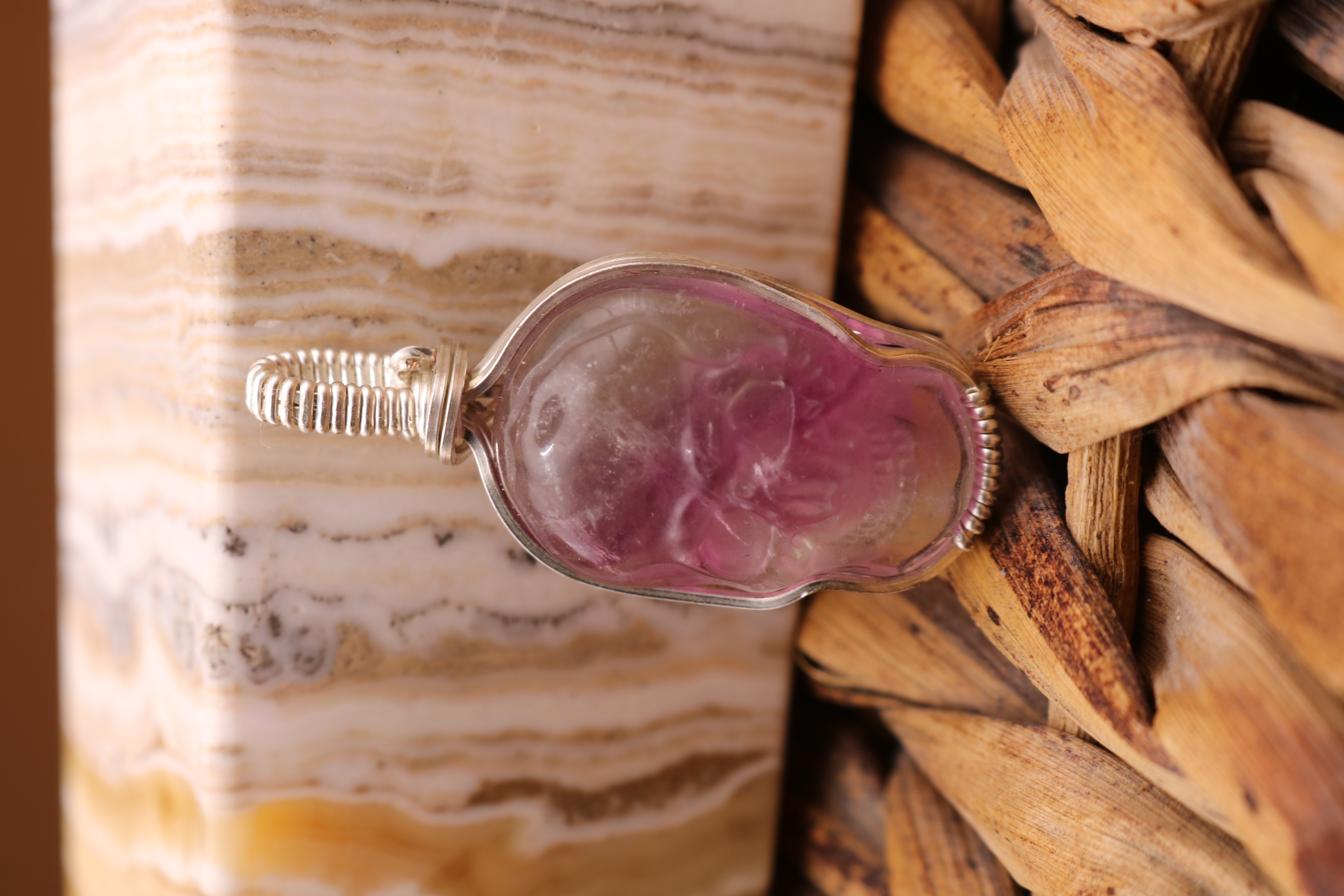 Silver Wire Wrapped Fluorite Crystal Skull Necklace Pendant