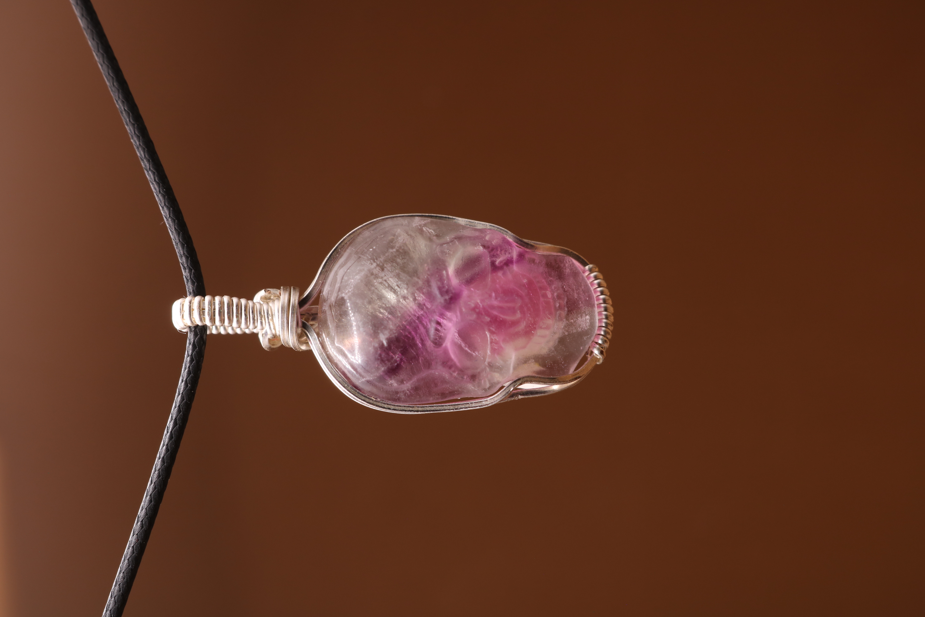 Silver Wire Wrapped Fluorite Crystal Skull Necklace Pendant