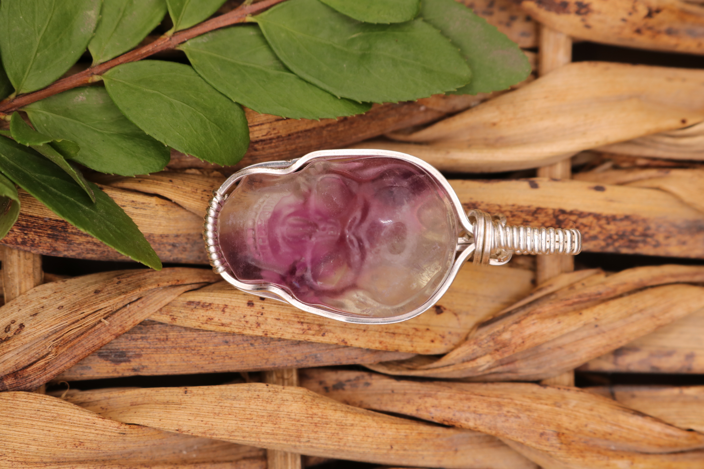 Silver Wire Wrapped Fluorite Crystal Skull Necklace Pendant