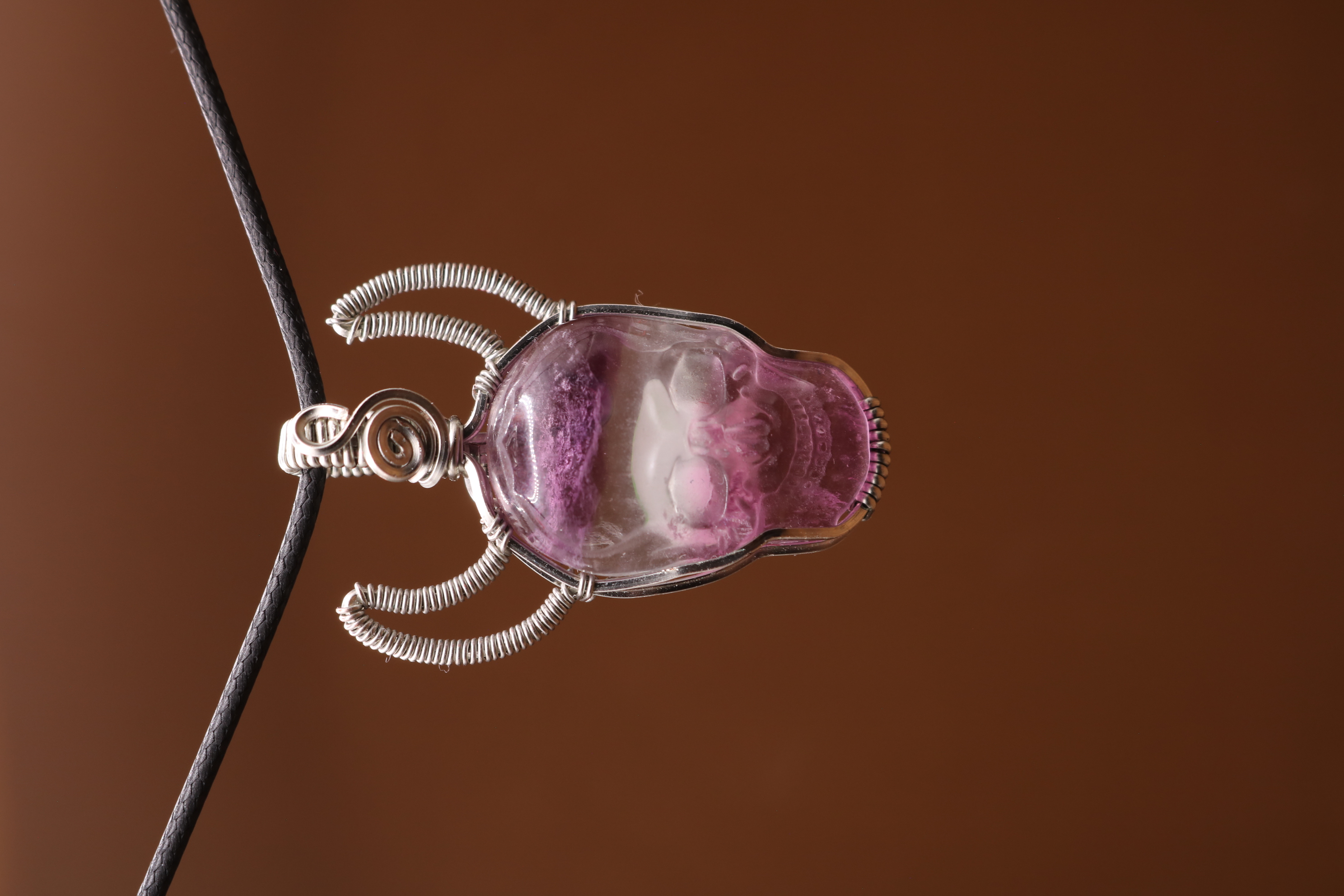 Silver Wire Wrapped Fluorite Crystal Skull Necklace Pendant