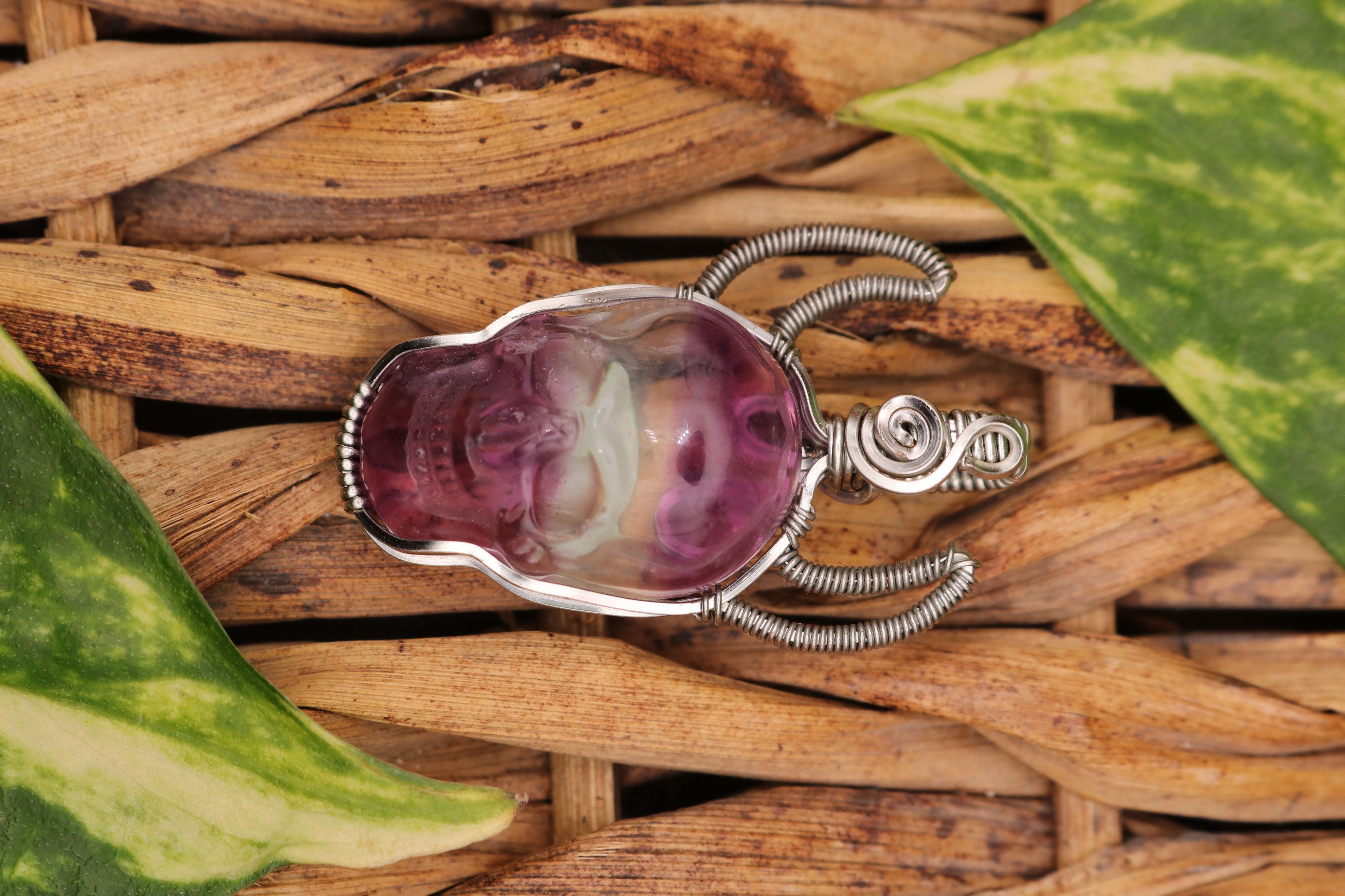 Silver Wire Wrapped Fluorite Crystal Skull Necklace Pendant