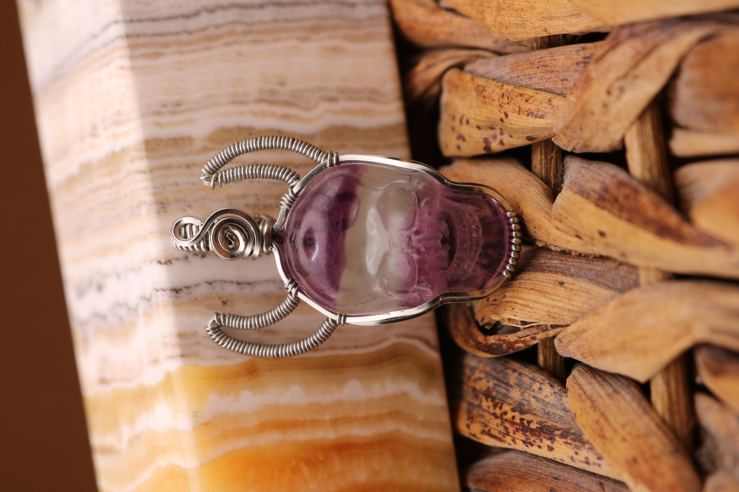 Silver Wire Wrapped Fluorite Crystal Skull Necklace Pendant