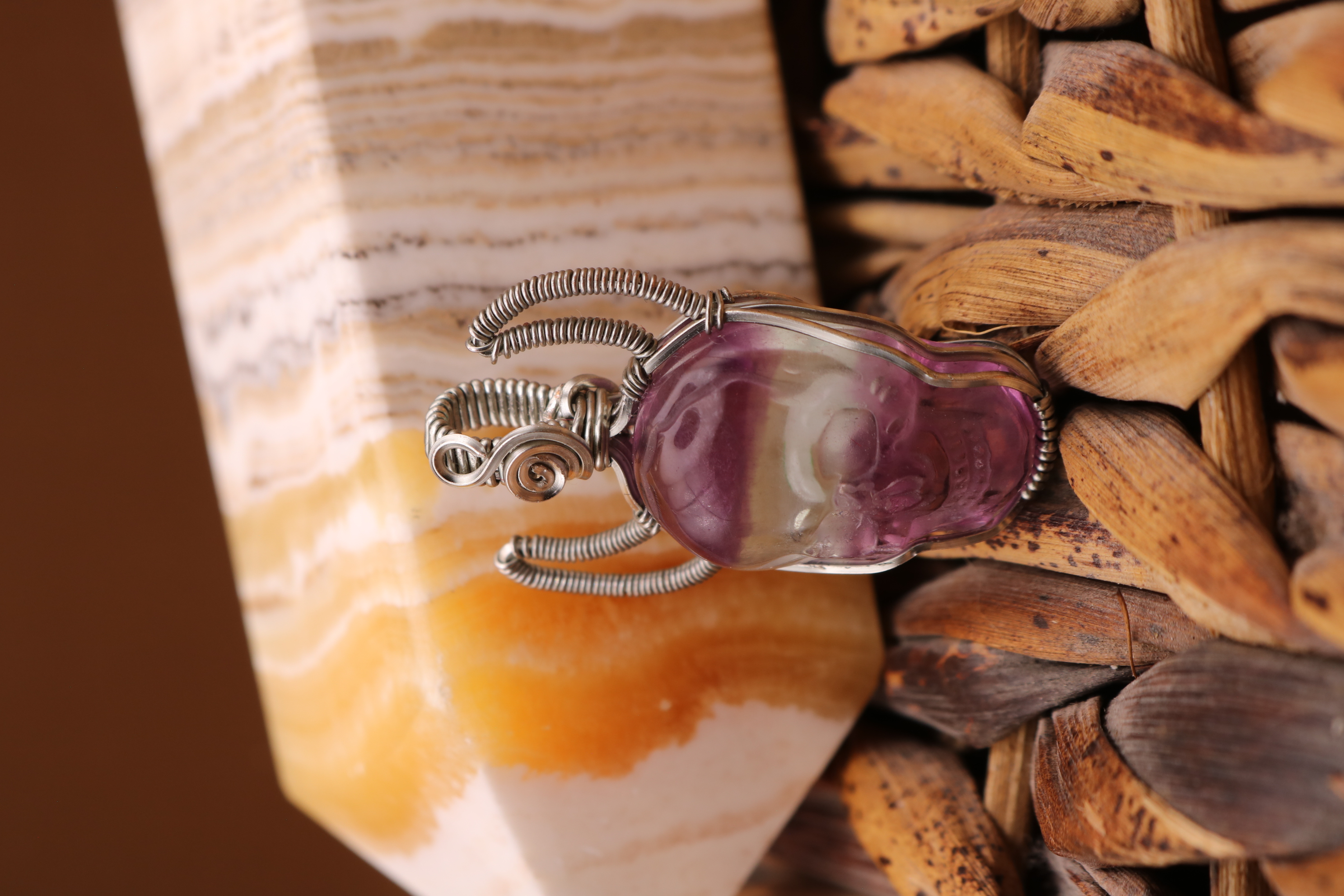 Silver Wire Wrapped Fluorite Crystal Skull Necklace Pendant