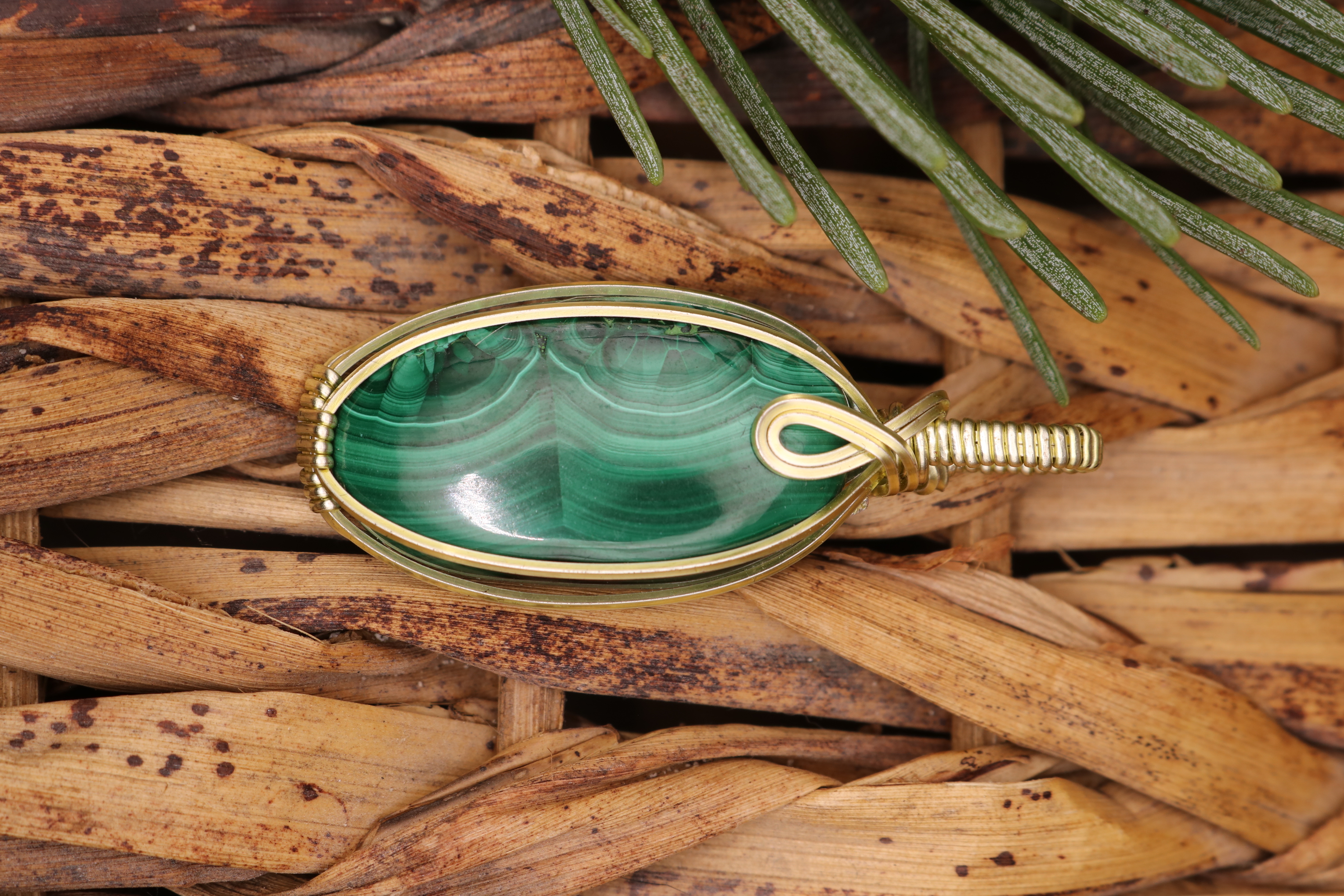 Gold Wire Wrapped Malachite Crystal Necklace Pendant
