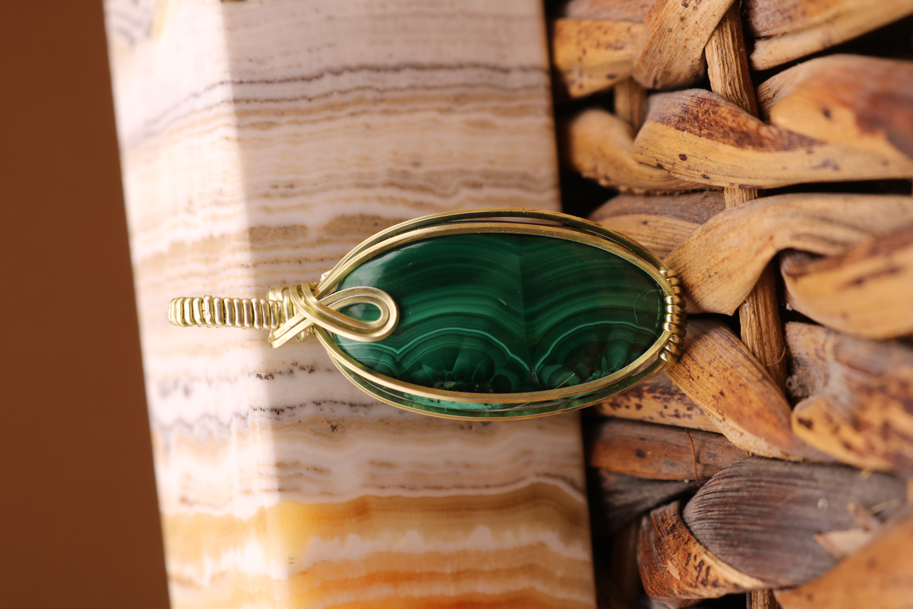 Gold Wire Wrapped Malachite Crystal Necklace Pendant