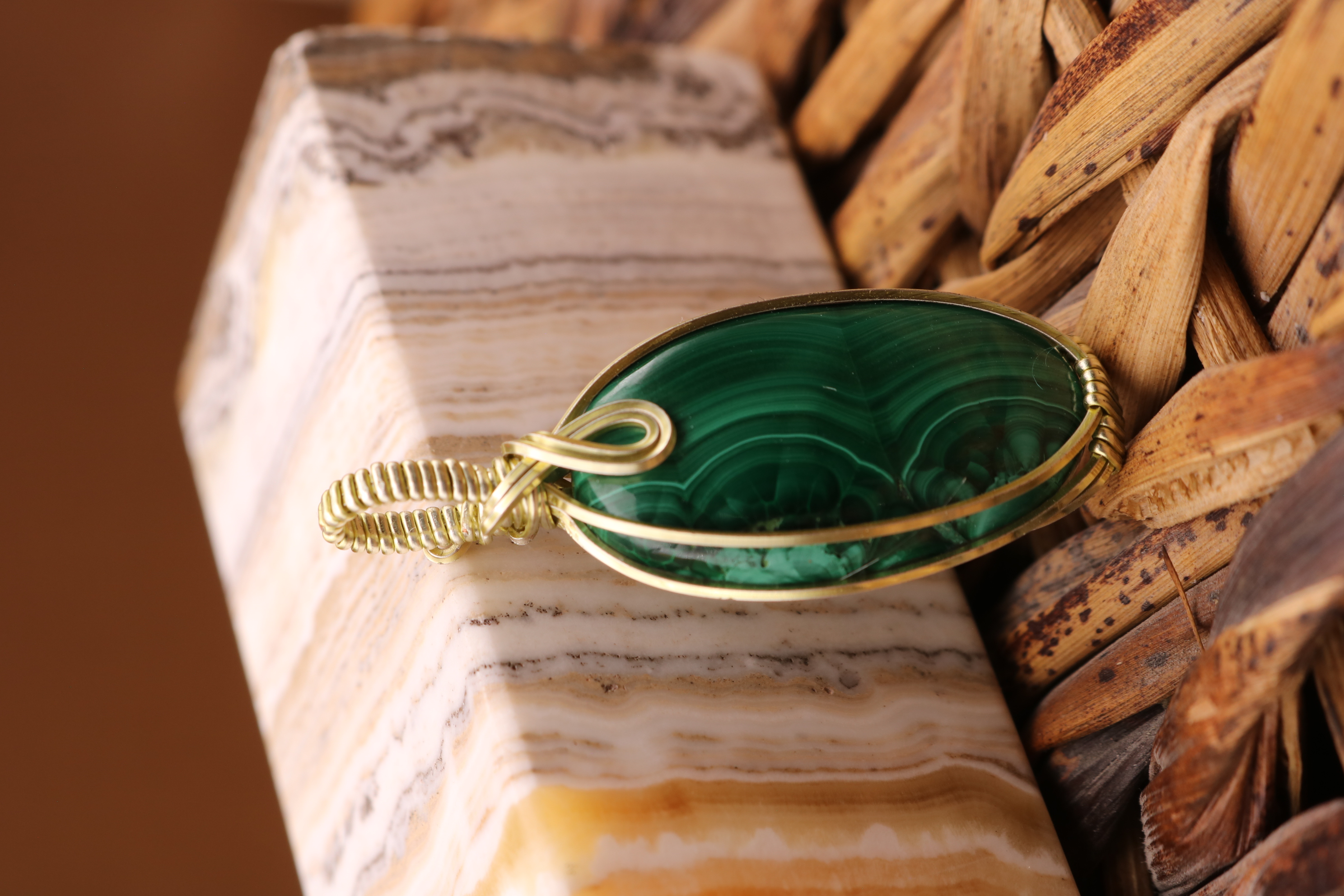 Gold Wire Wrapped Malachite Crystal Necklace Pendant