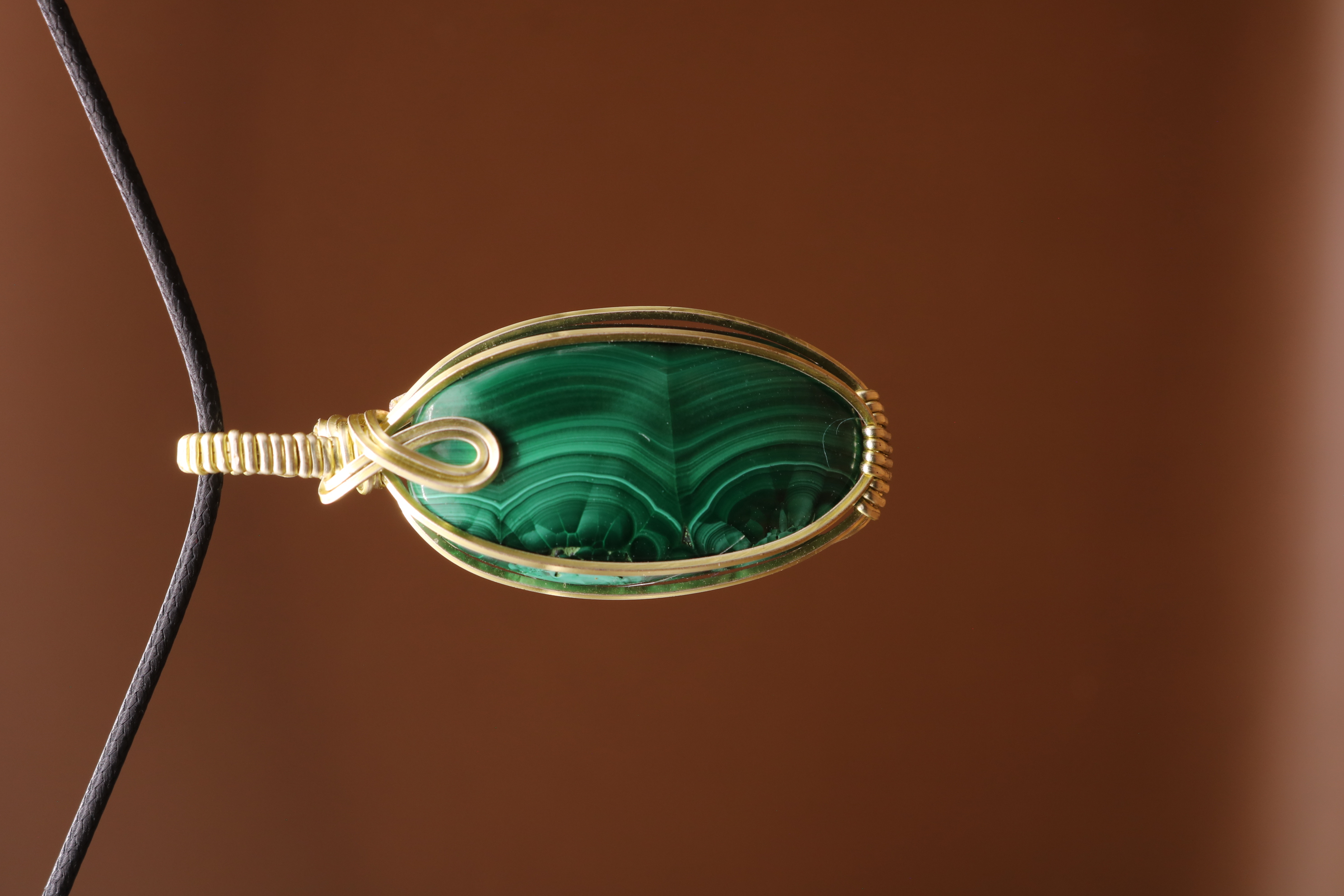 Gold Wire Wrapped Malachite Crystal Necklace Pendant