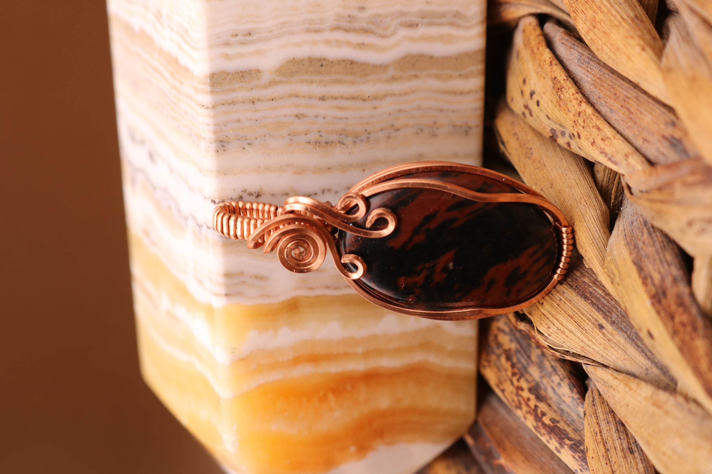 Copper Wire Wrapped Mahogany Obsidian Crystal Necklace Pendant