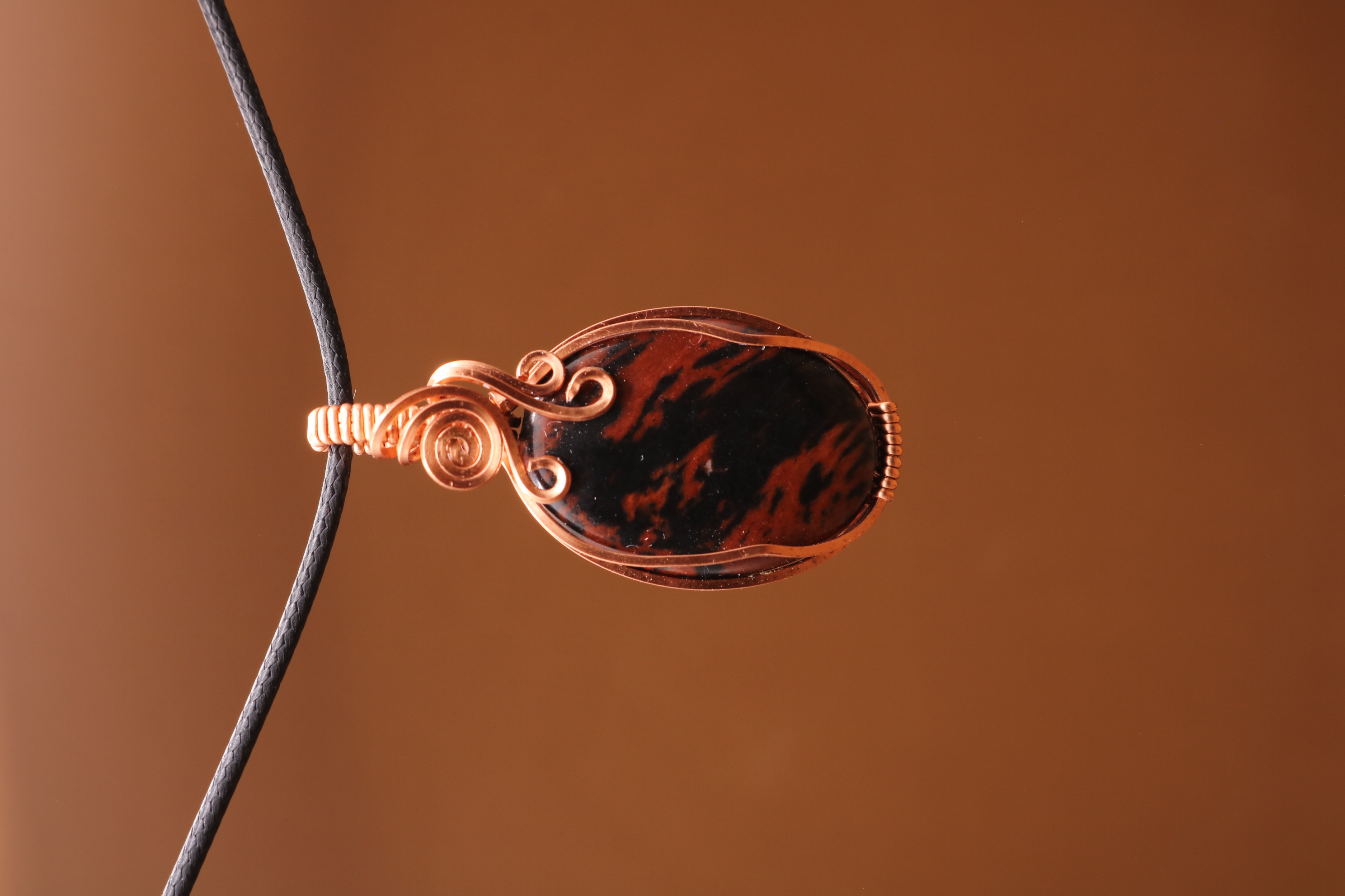 Copper Wire Wrapped Mahogany Obsidian Crystal Necklace Pendant