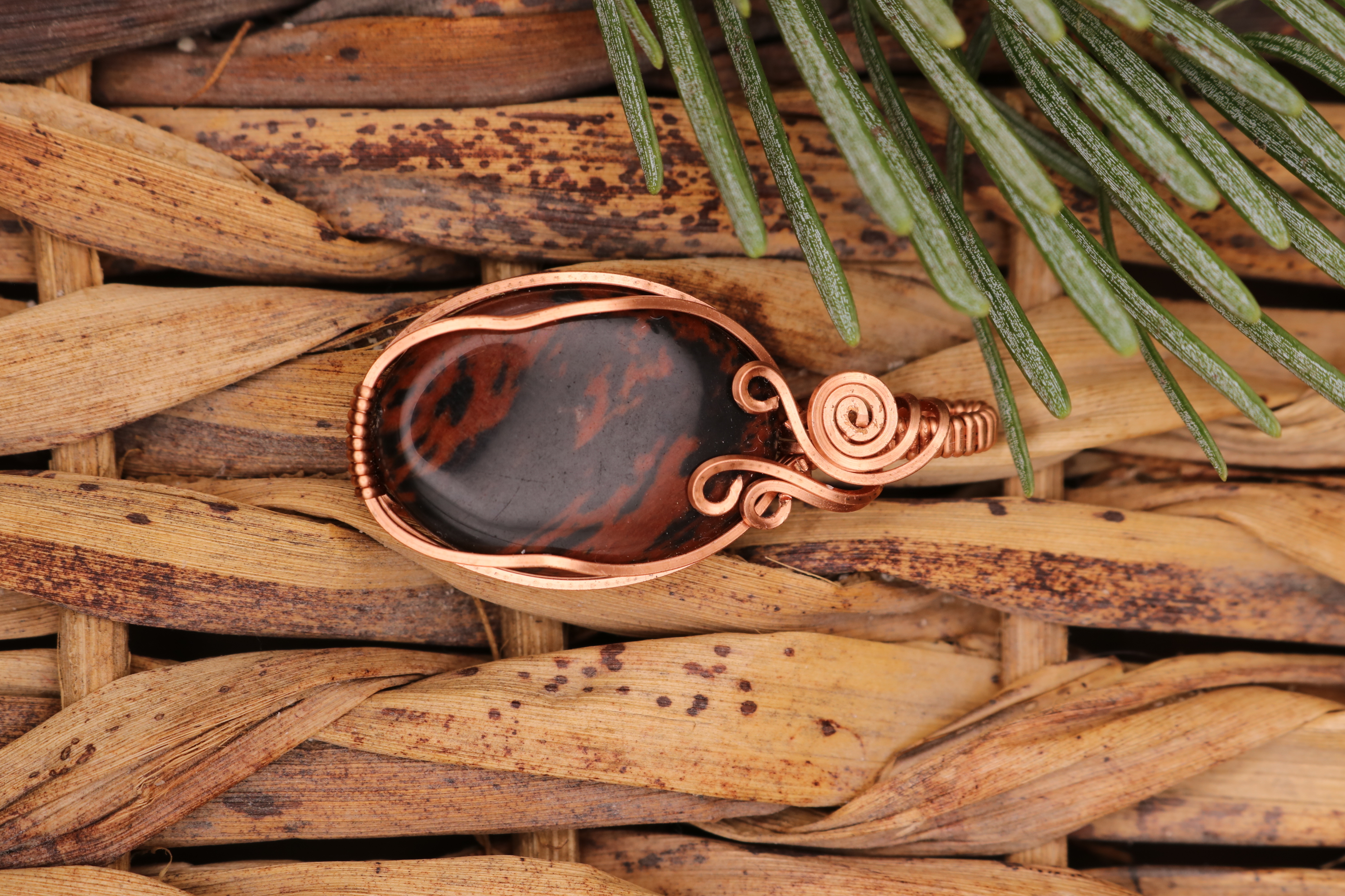 Copper Wire Wrapped Mahogany Obsidian Crystal Necklace Pendant