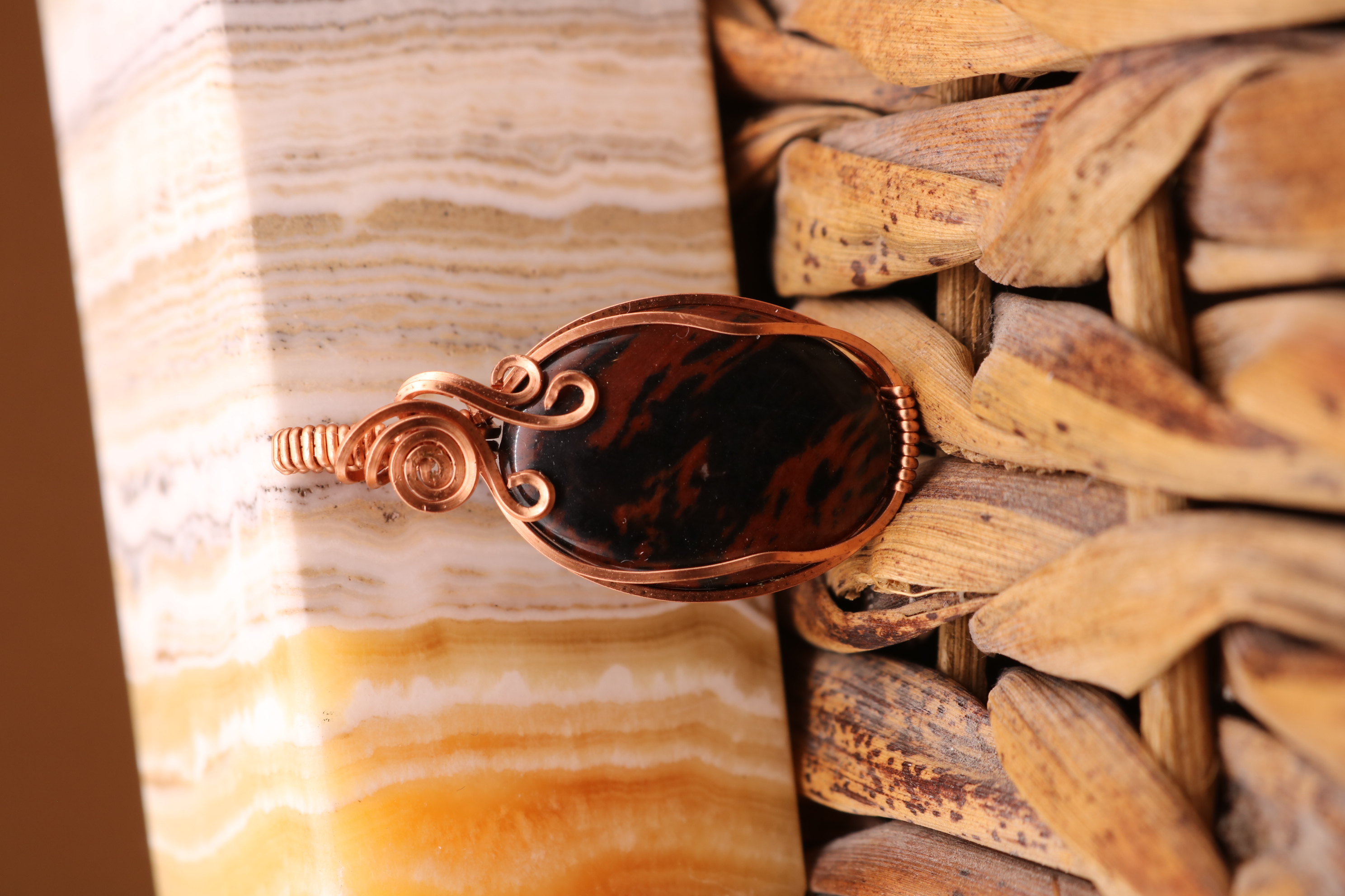 Copper Wire Wrapped Mahogany Obsidian Crystal Necklace Pendant