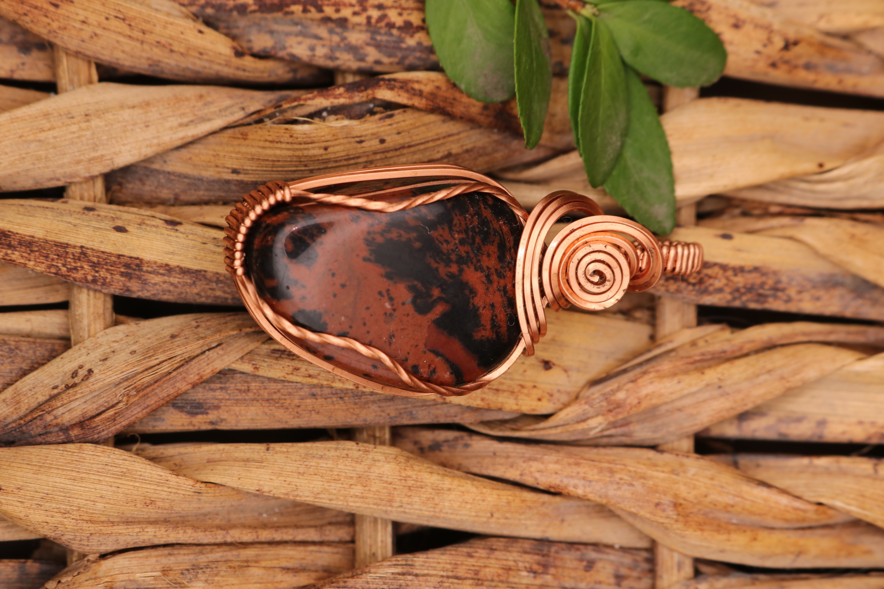 Copper Wire Wrapped Mahogany Obsidian Crystal Necklace Pendant