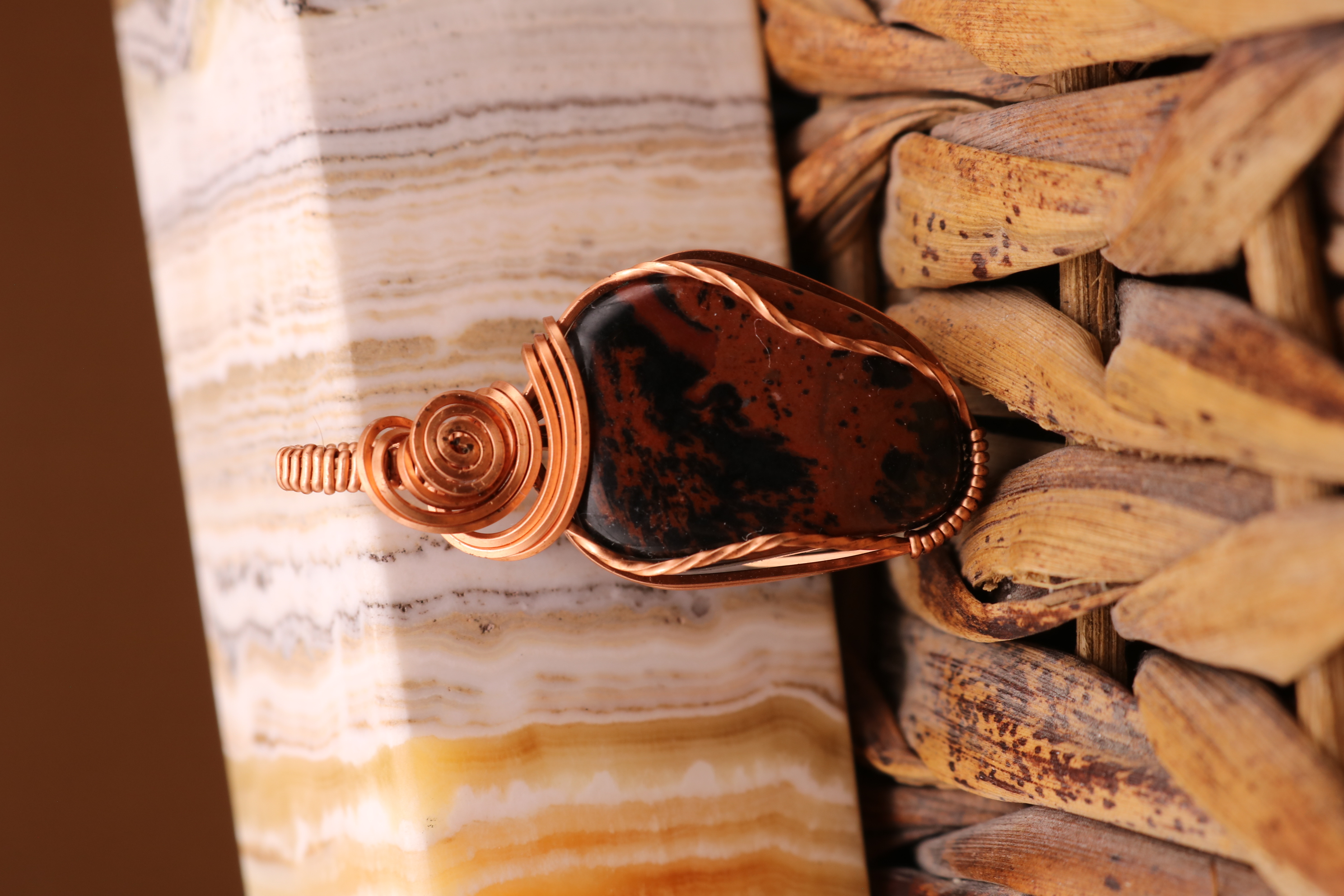 Copper Wire Wrapped Mahogany Obsidian Crystal Necklace Pendant
