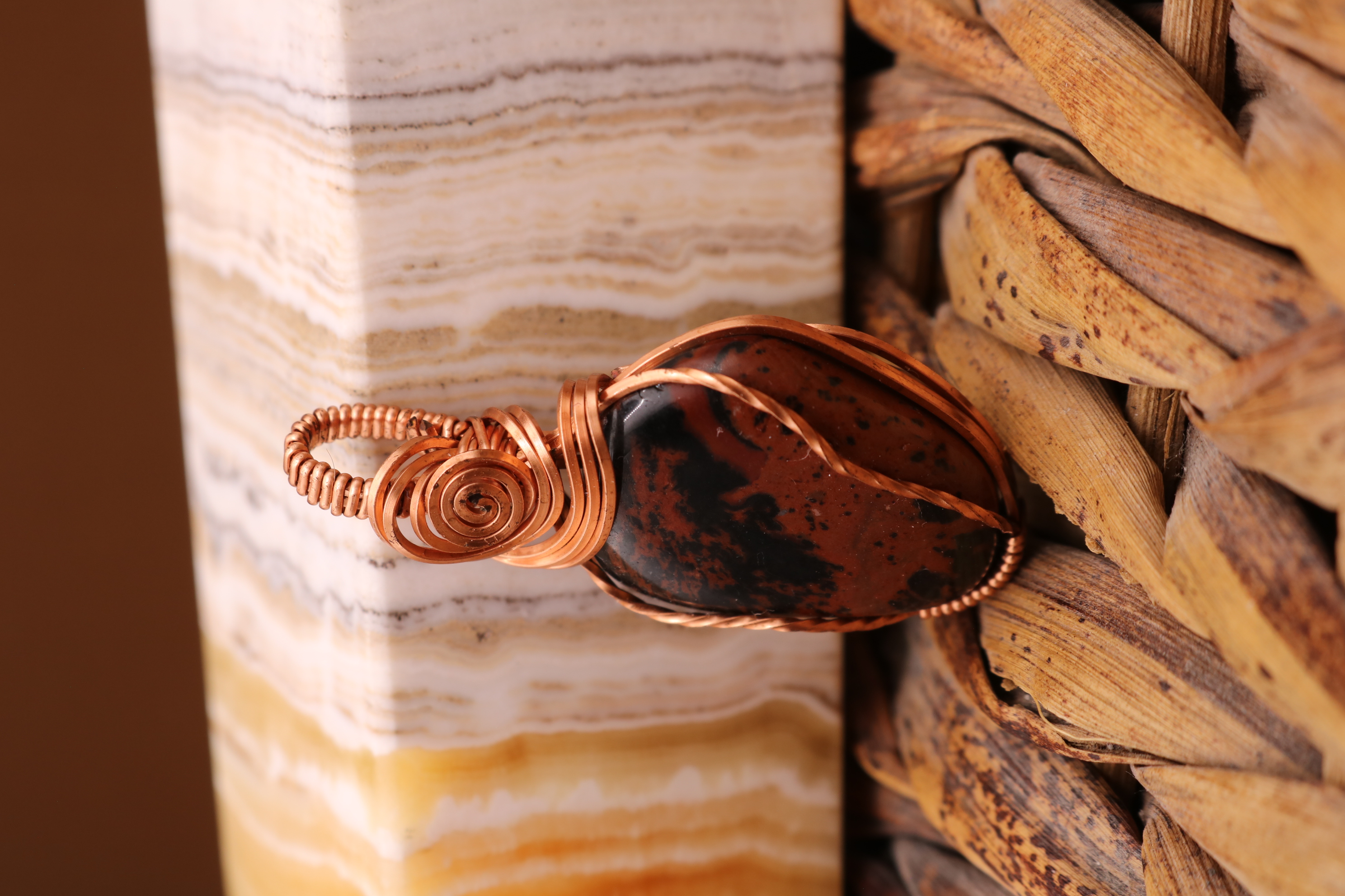 Copper Wire Wrapped Mahogany Obsidian Crystal Necklace Pendant