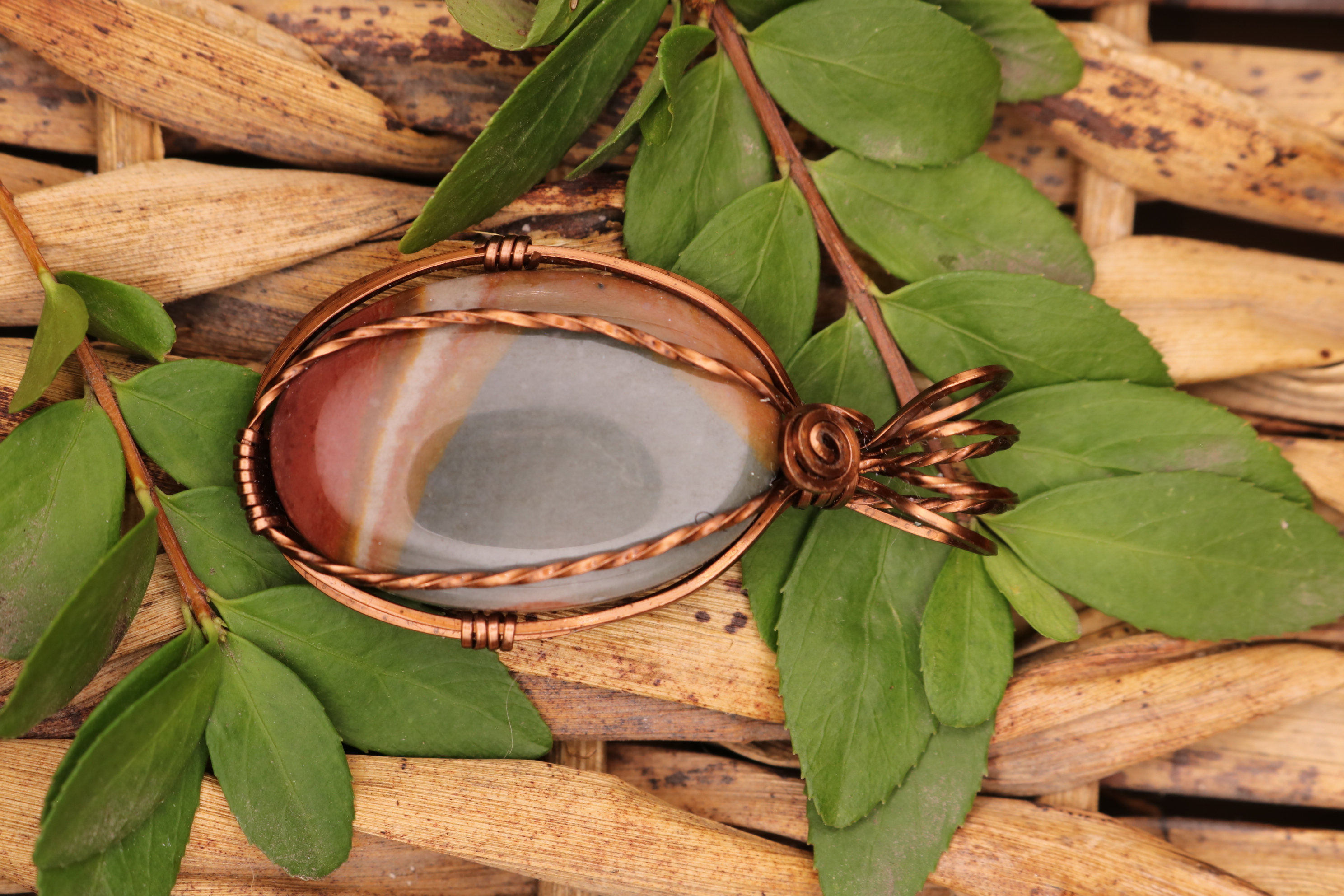 Bronze Wire Wrapped Polychrome Jasper Crystal Necklace Pendant