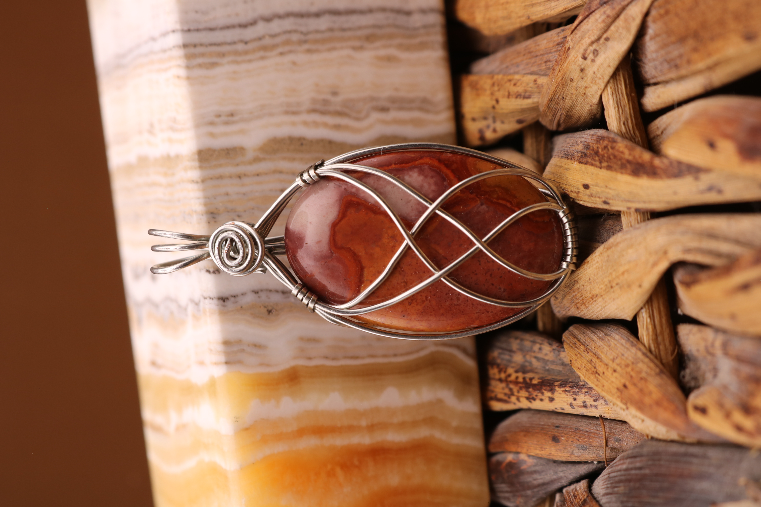 Silver Wire Wrapped Polychrome Jasper Necklace Pendant
