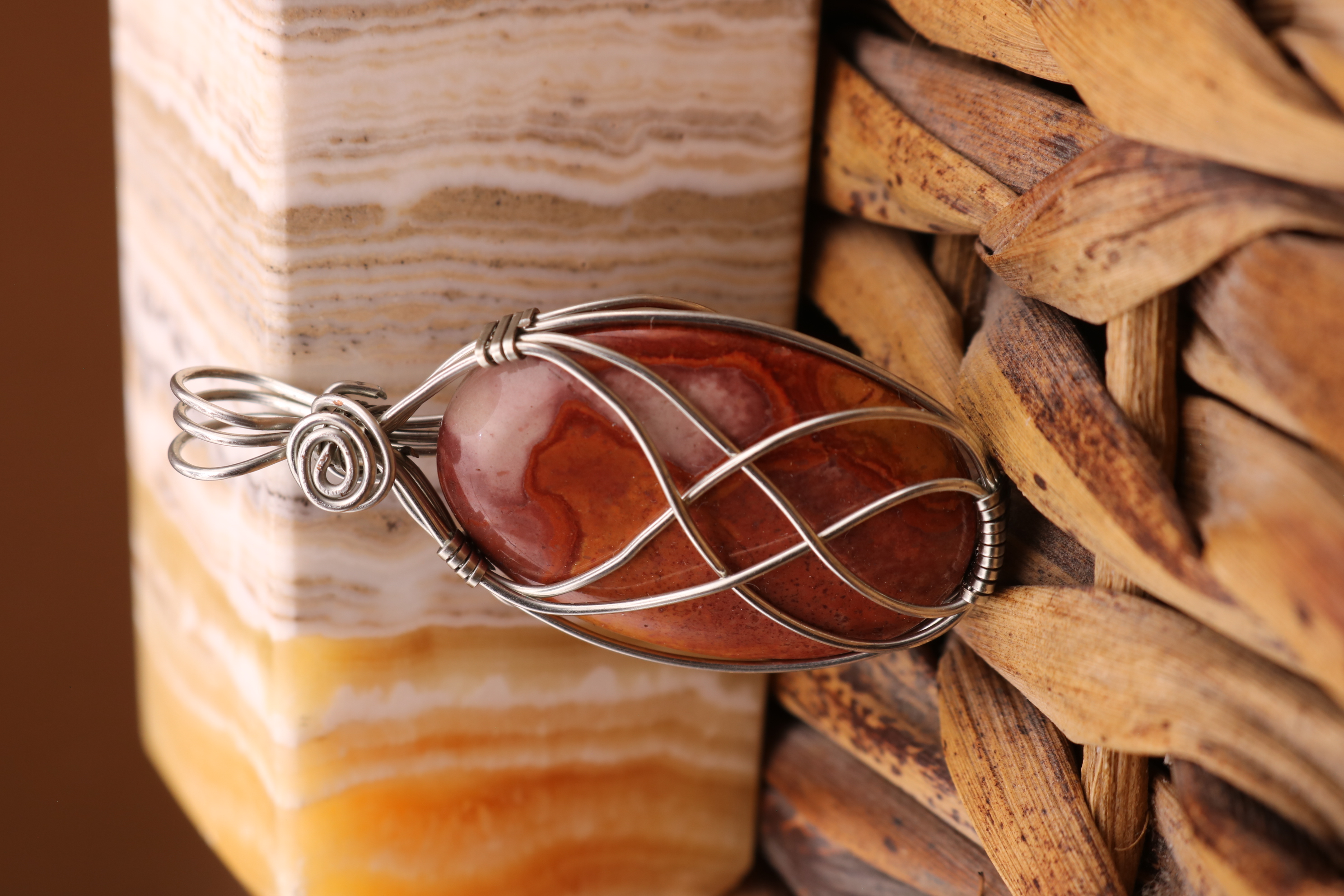 Silver Wire Wrapped Polychrome Jasper Necklace Pendant