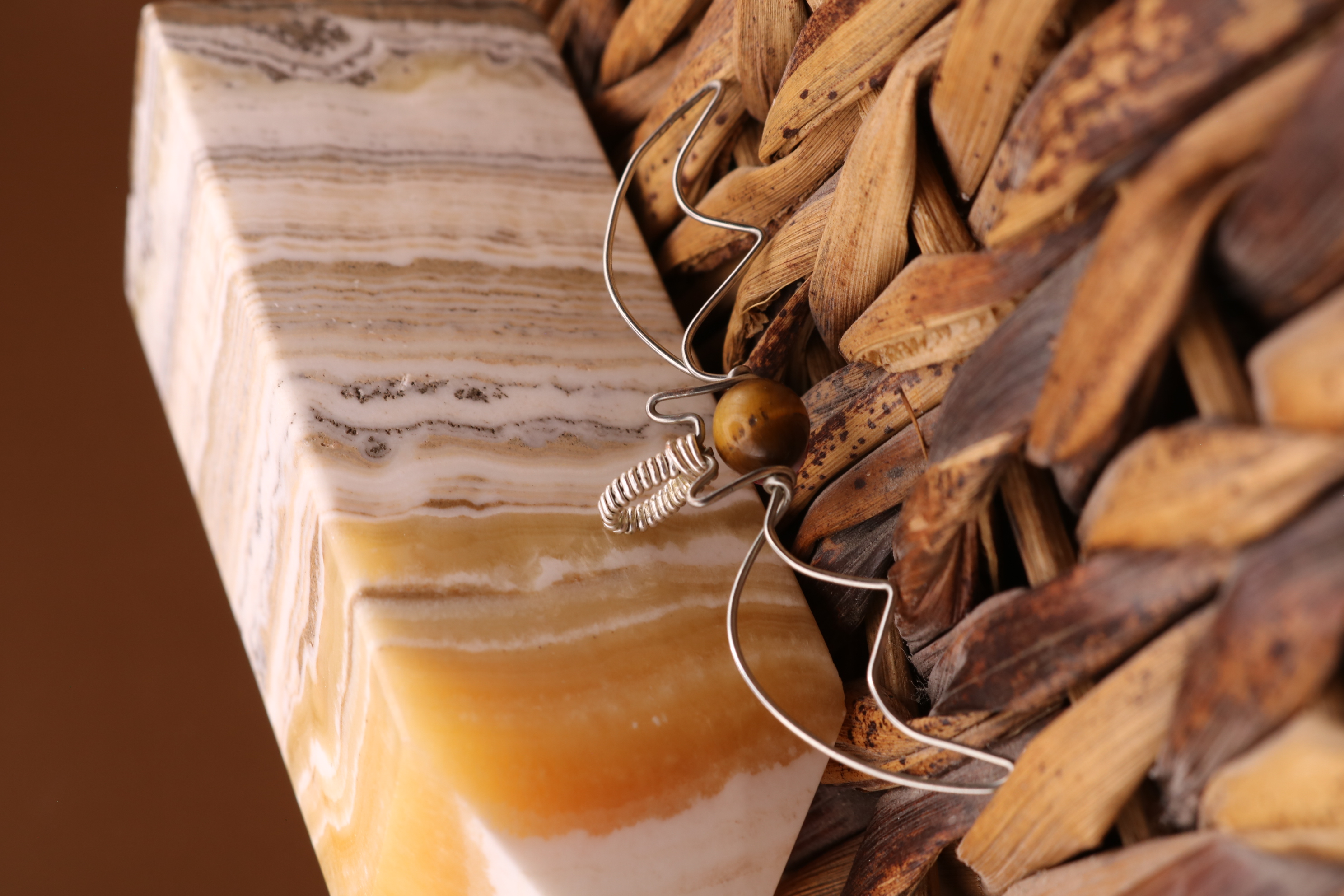 Silver Wire Wrapped Tiger's Eye Crystal Bat Necklace Pendant