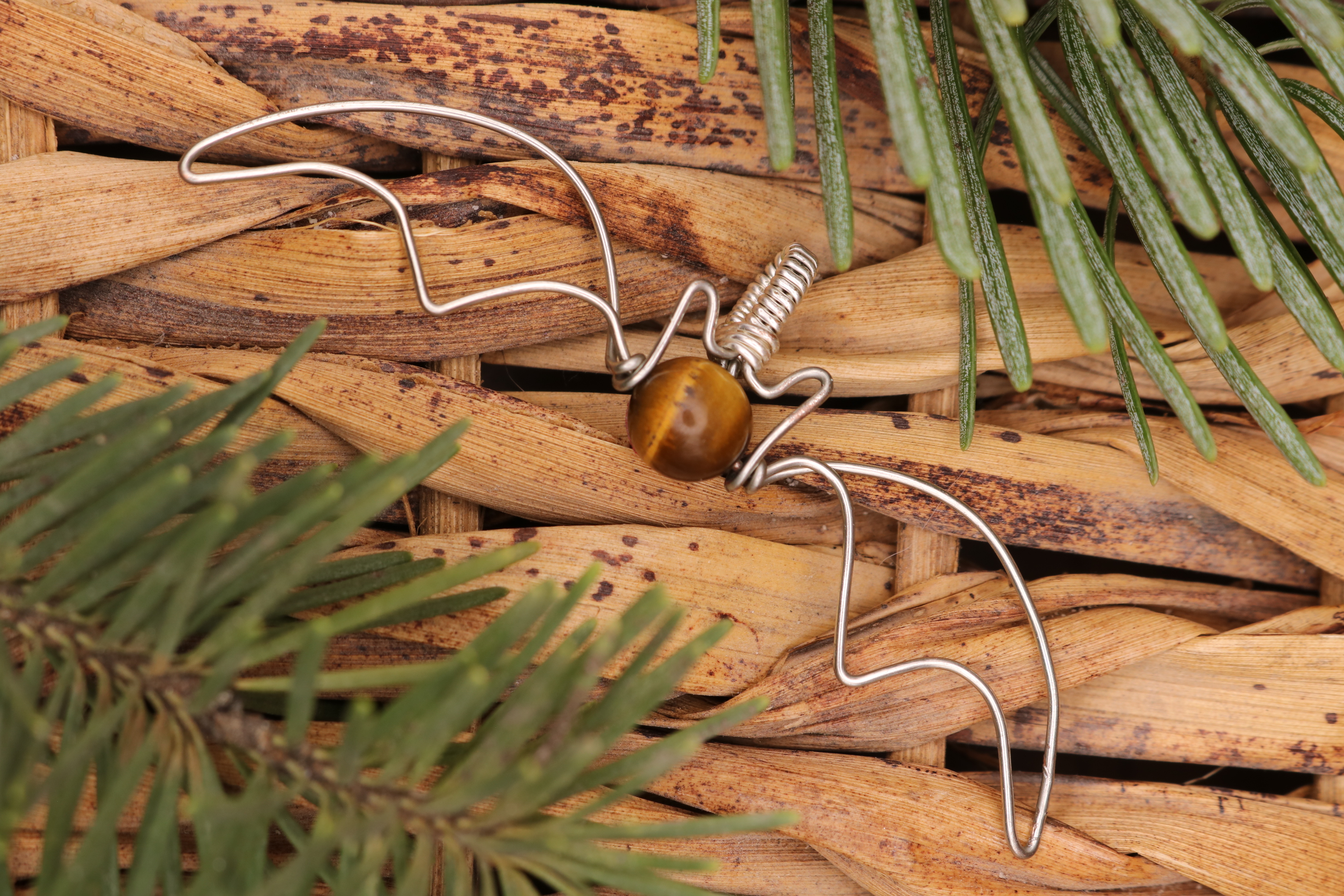 Silver Wire Wrapped Tiger's Eye Crystal Bat Necklace Pendant