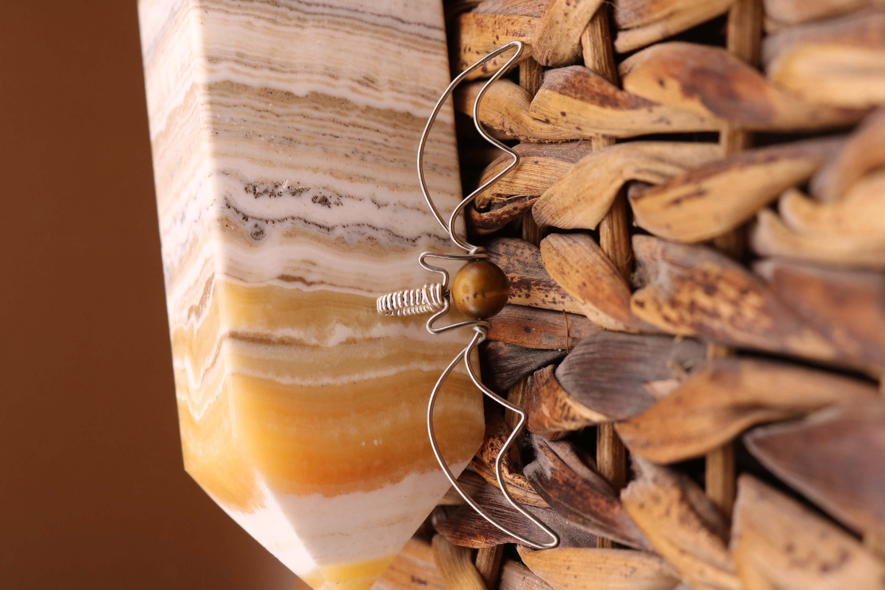 Silver Wire Wrapped Tiger's Eye Crystal Bat Necklace Pendant