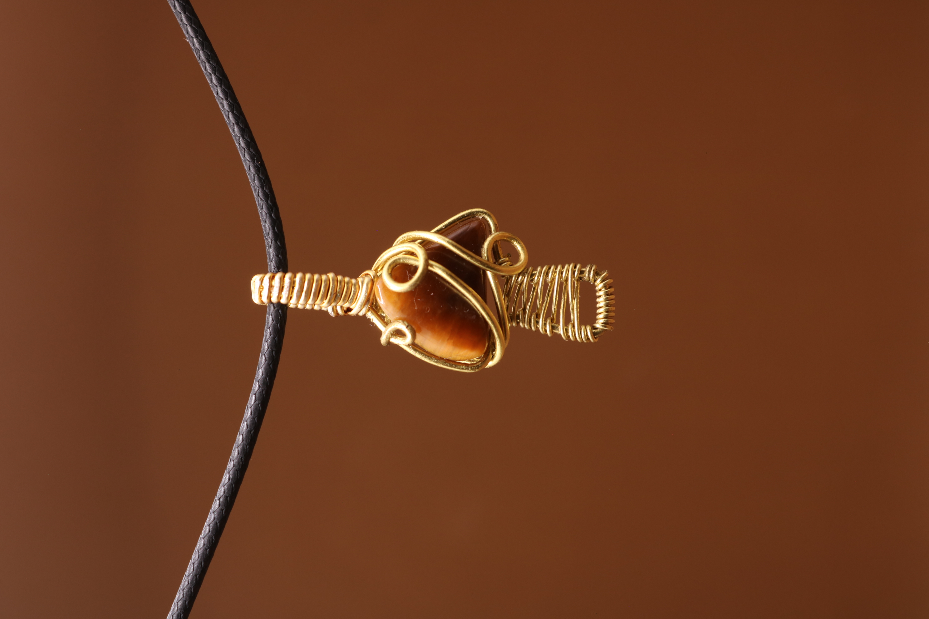 Gold Wire Wrapped Tiger's Eye Crystal Mushroom Necklace Pendant