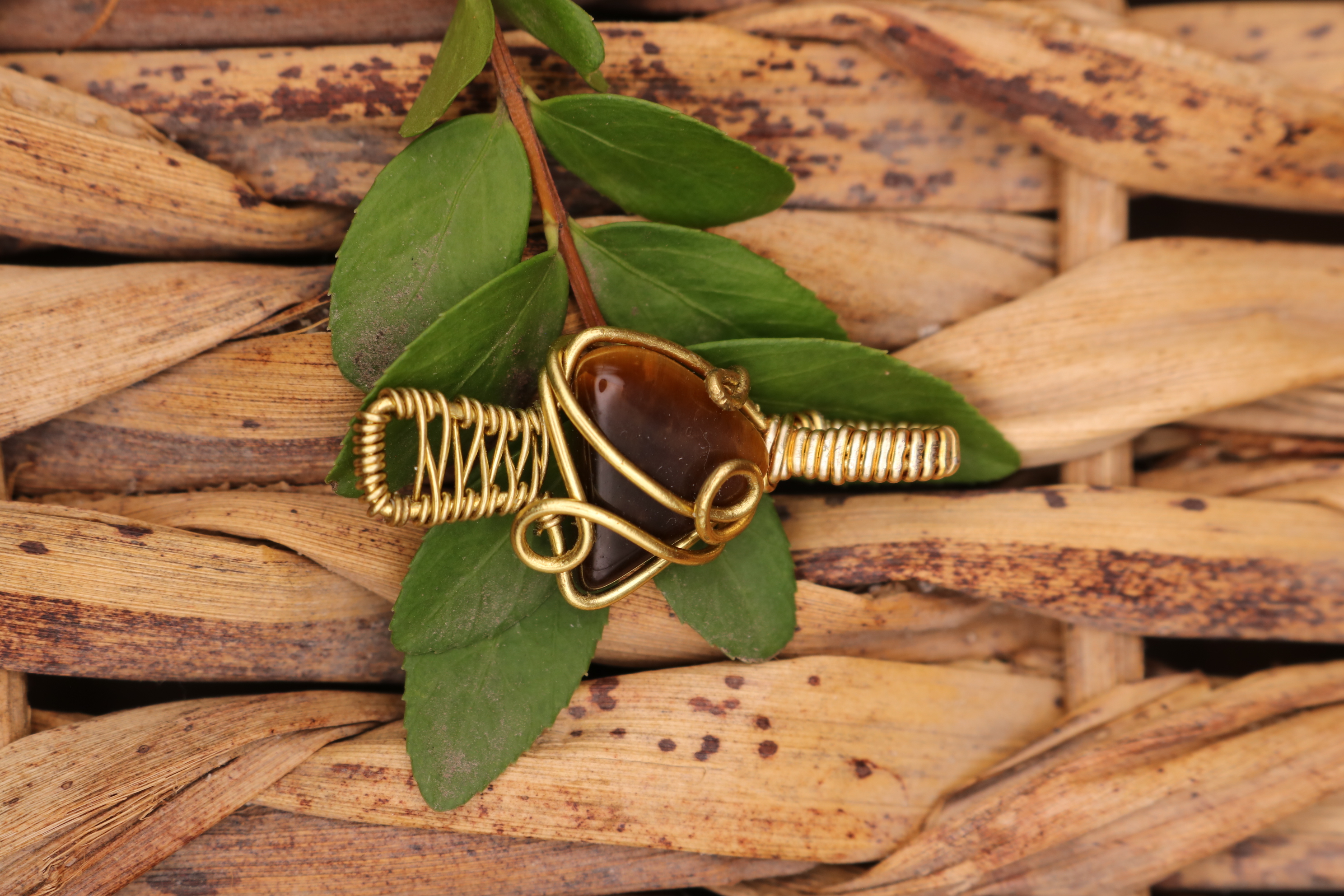 Gold Wire Wrapped Tiger's Eye Crystal Mushroom Necklace Pendant