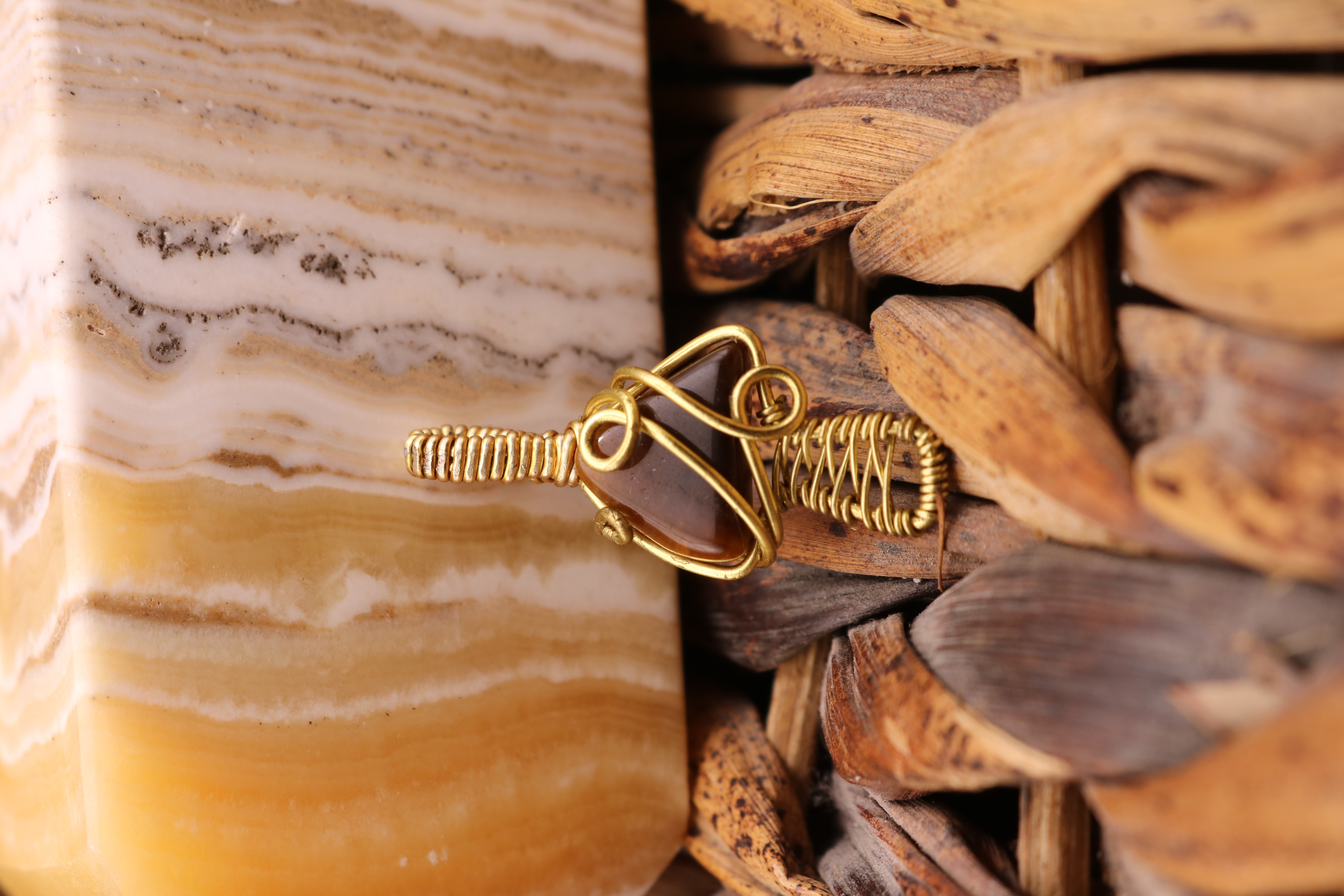 Gold Wire Wrapped Tiger's Eye Crystal Mushroom Necklace Pendant