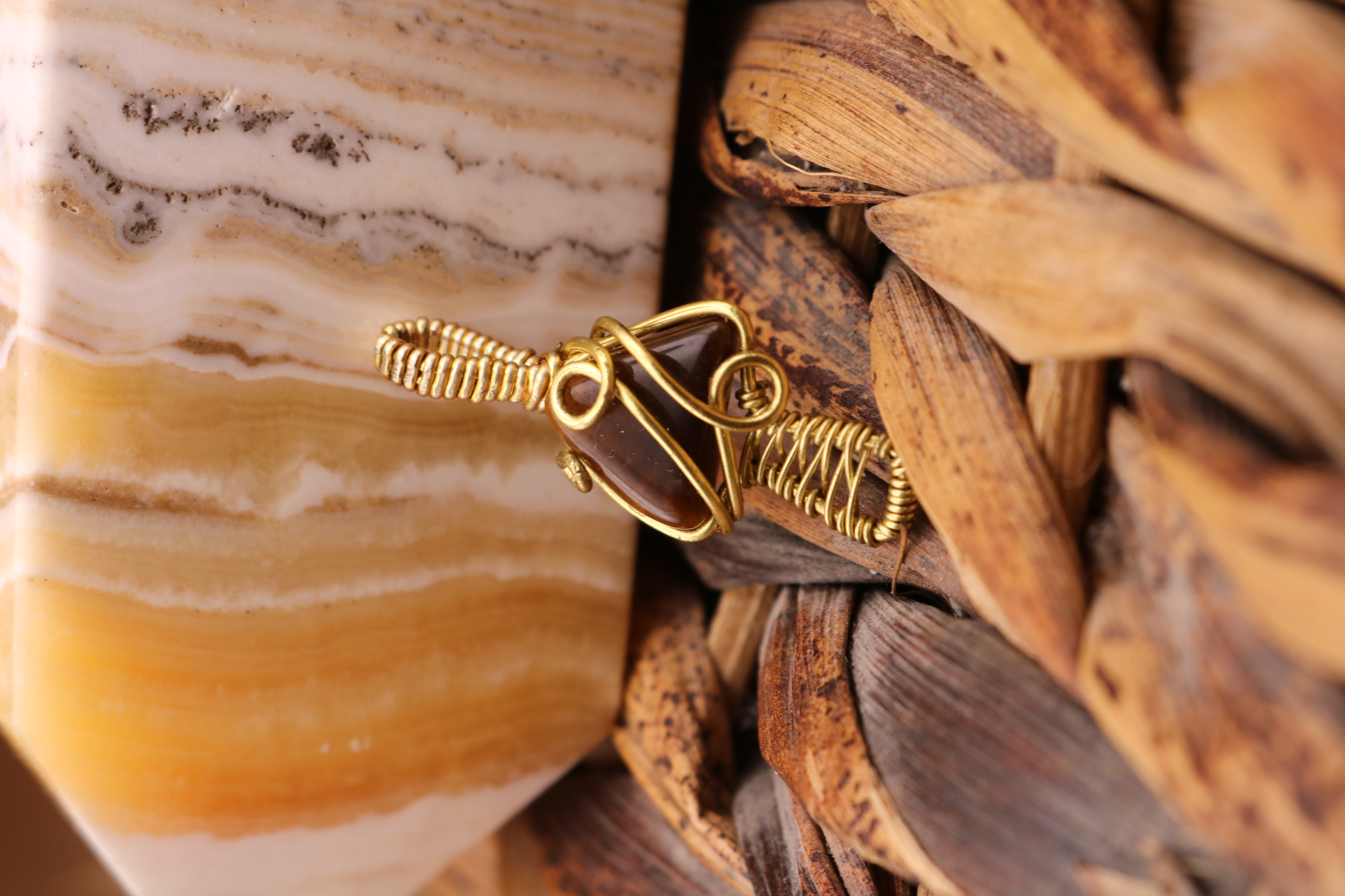 Gold Wire Wrapped Tiger's Eye Crystal Mushroom Necklace Pendant