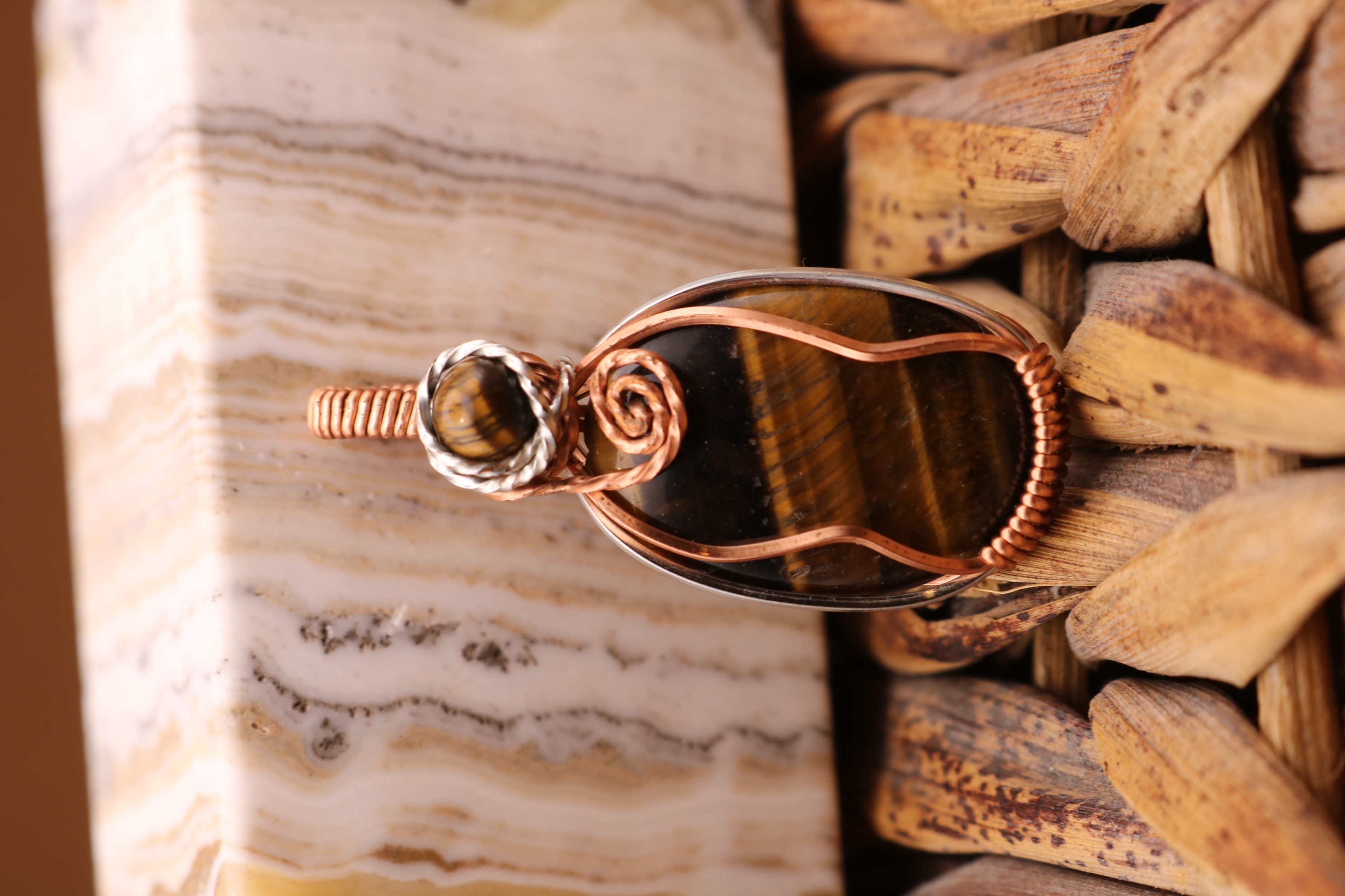 Silver and Copper Wire Wrapped Tiger's Eye Crystal Necklace Pendant