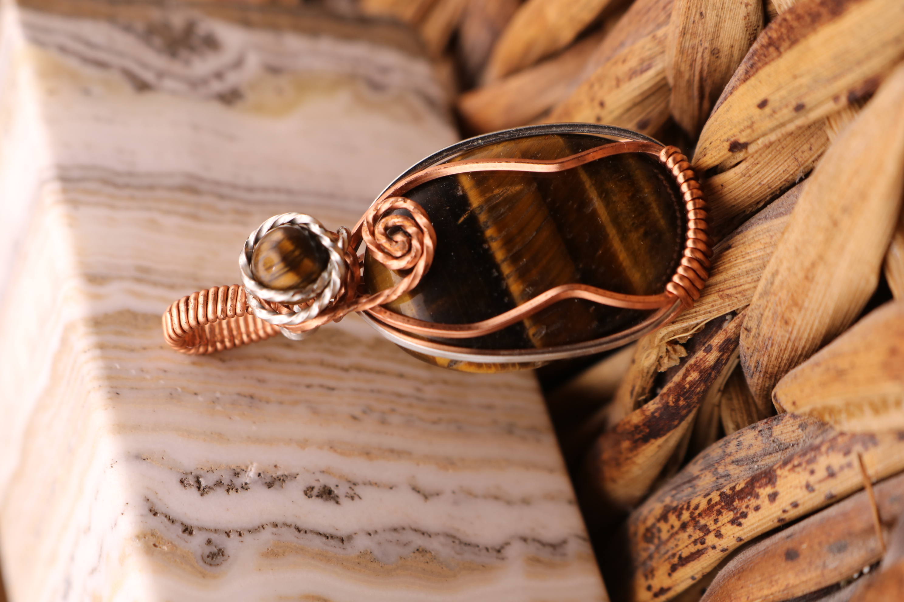 Silver and Copper Wire Wrapped Tiger's Eye Crystal Necklace Pendant