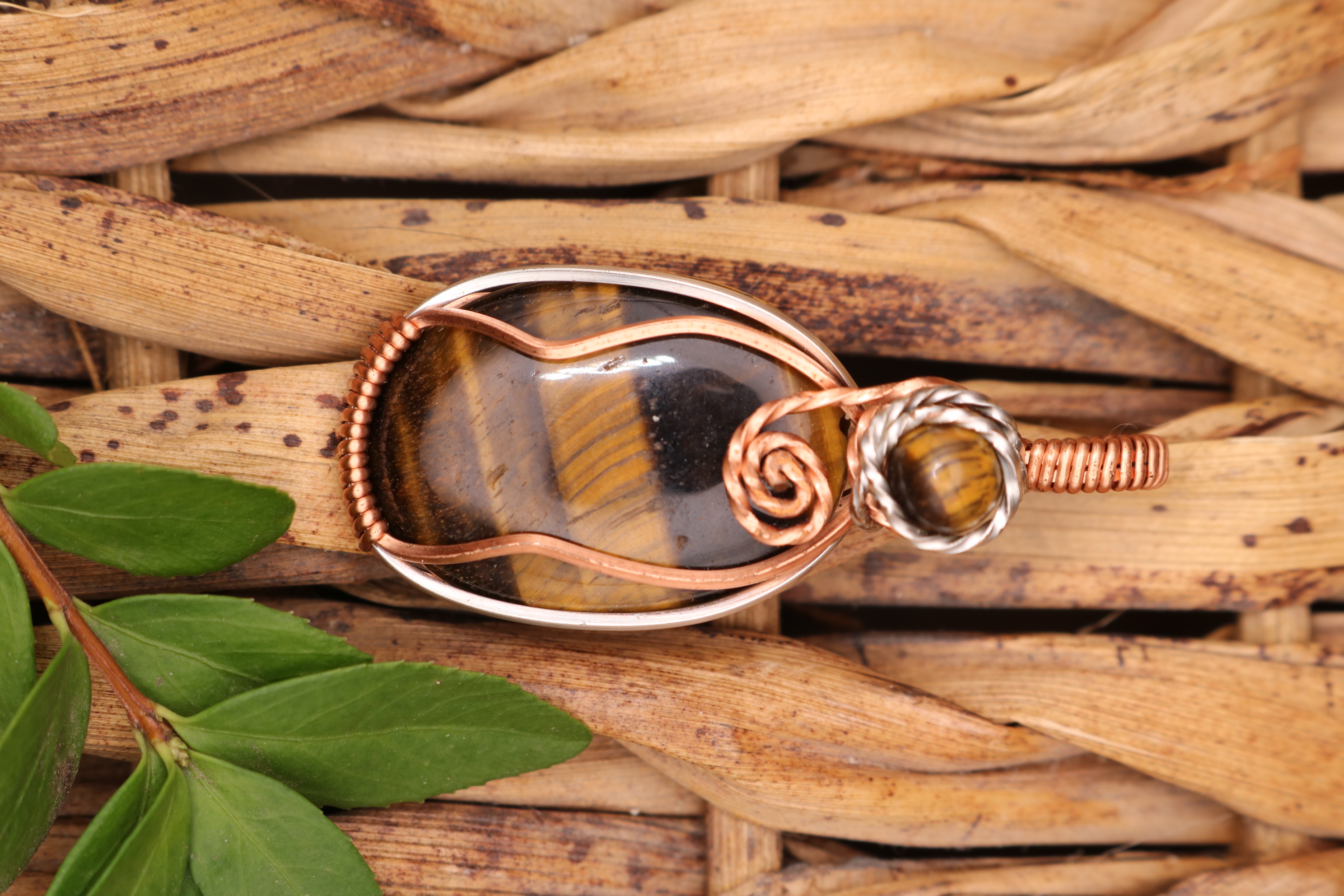 Silver and Copper Wire Wrapped Tiger's Eye Crystal Necklace Pendant