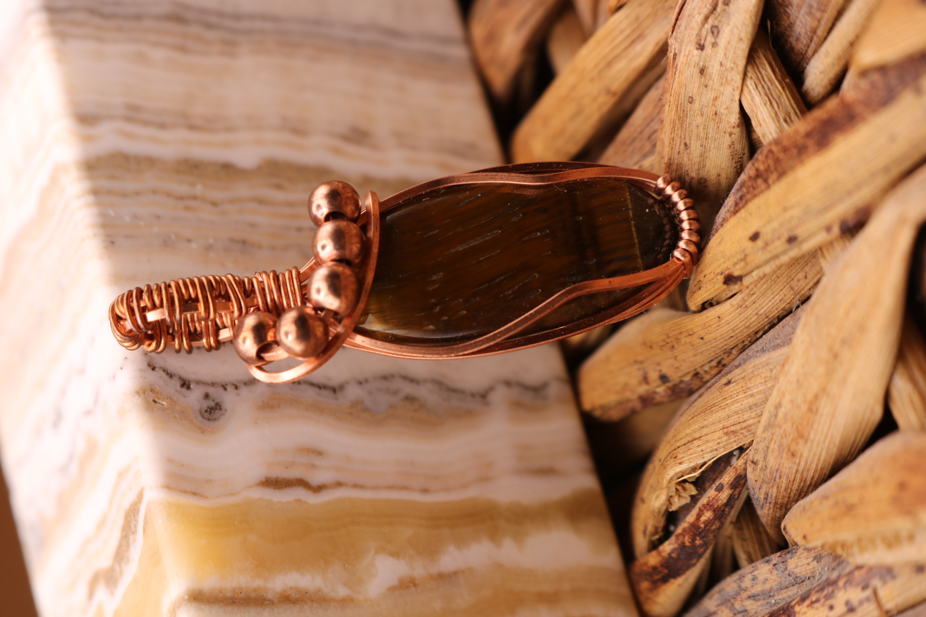 Copper Wire Wrapped Tiger's Eye Crystal Necklace Pendant