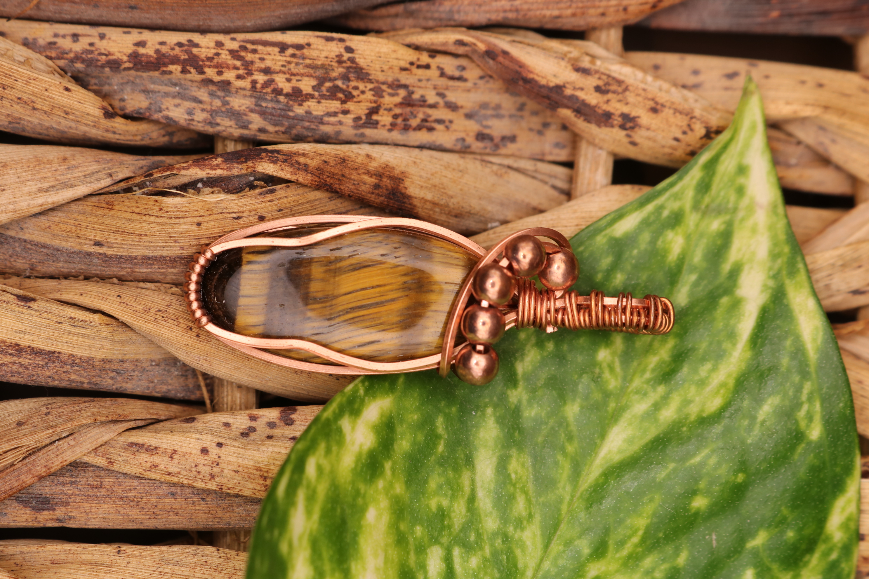 Copper Wire Wrapped Tiger's Eye Crystal Necklace Pendant