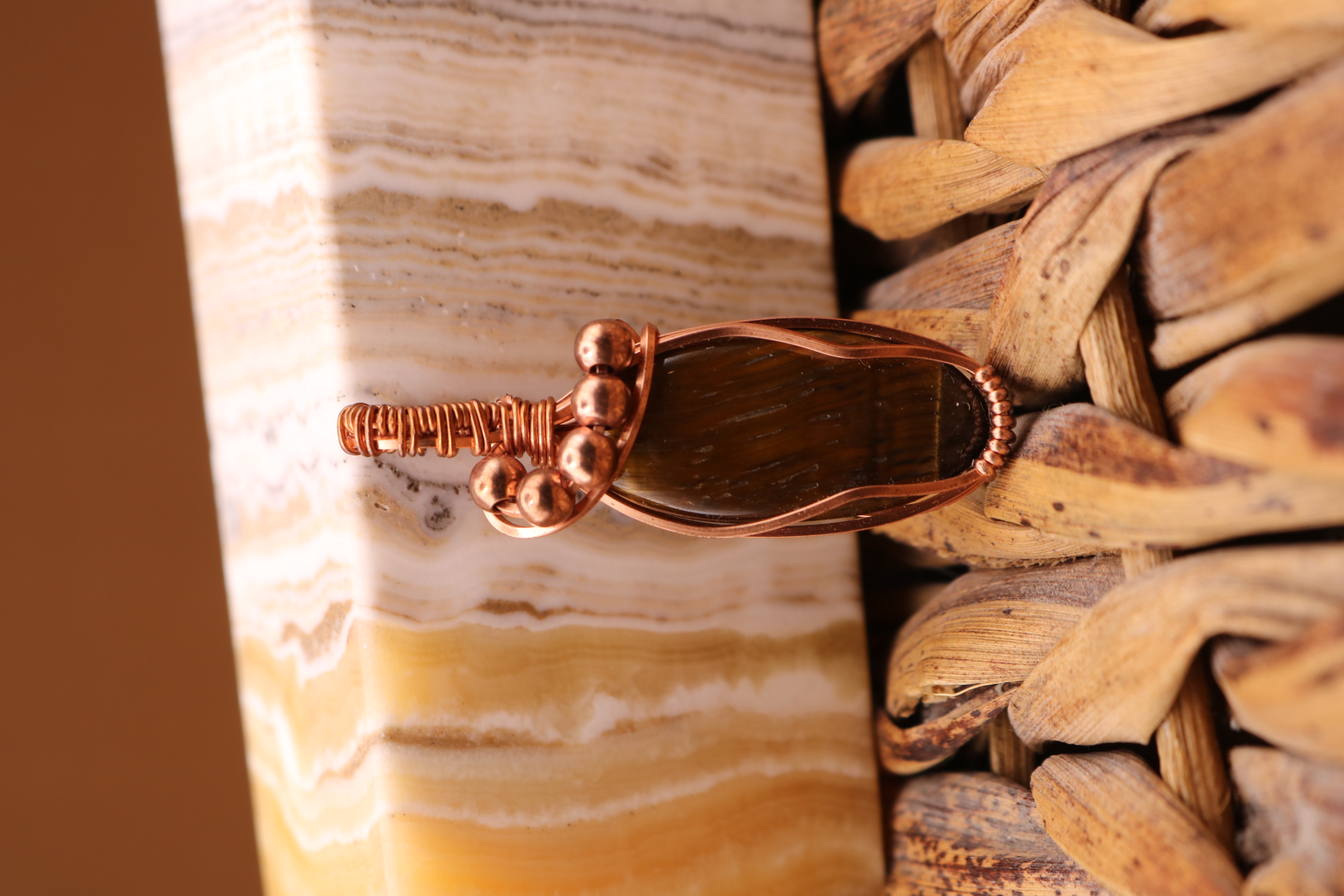Copper Wire Wrapped Tiger's Eye Crystal Necklace Pendant