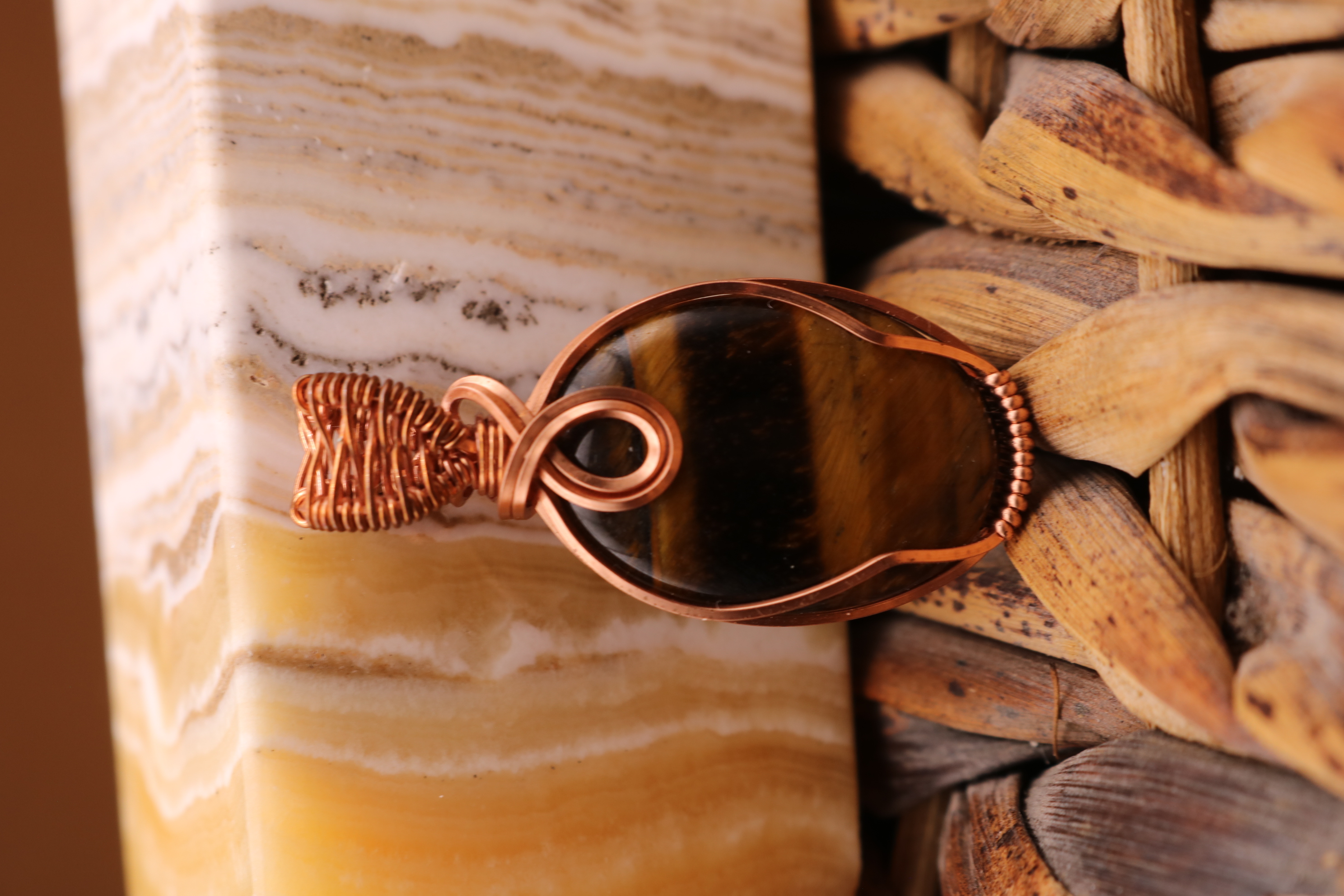 Copper Wire Wrapped Tiger's Eye Crystal Necklace Pendant