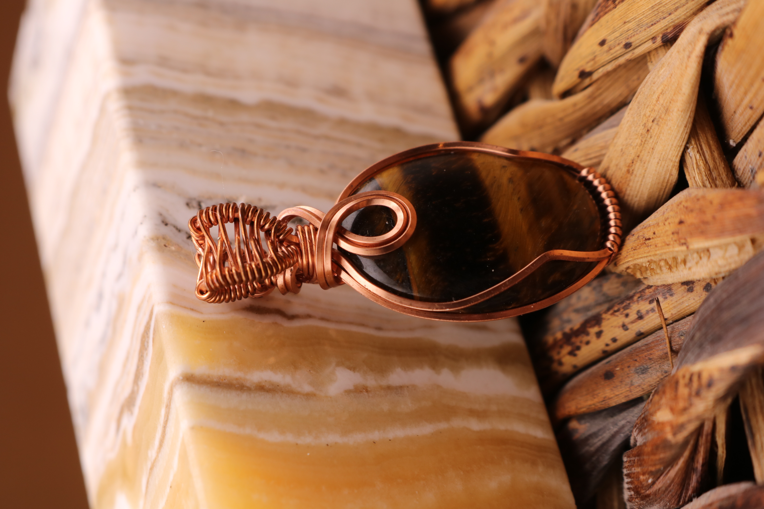 Copper Wire Wrapped Tiger's Eye Crystal Necklace Pendant