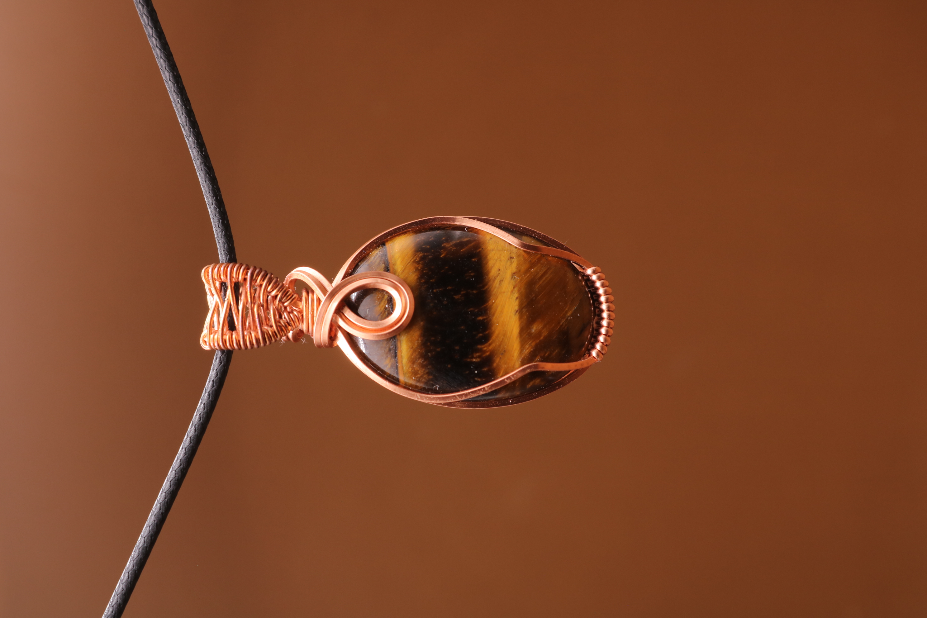 Copper Wire Wrapped Tiger's Eye Crystal Necklace Pendant