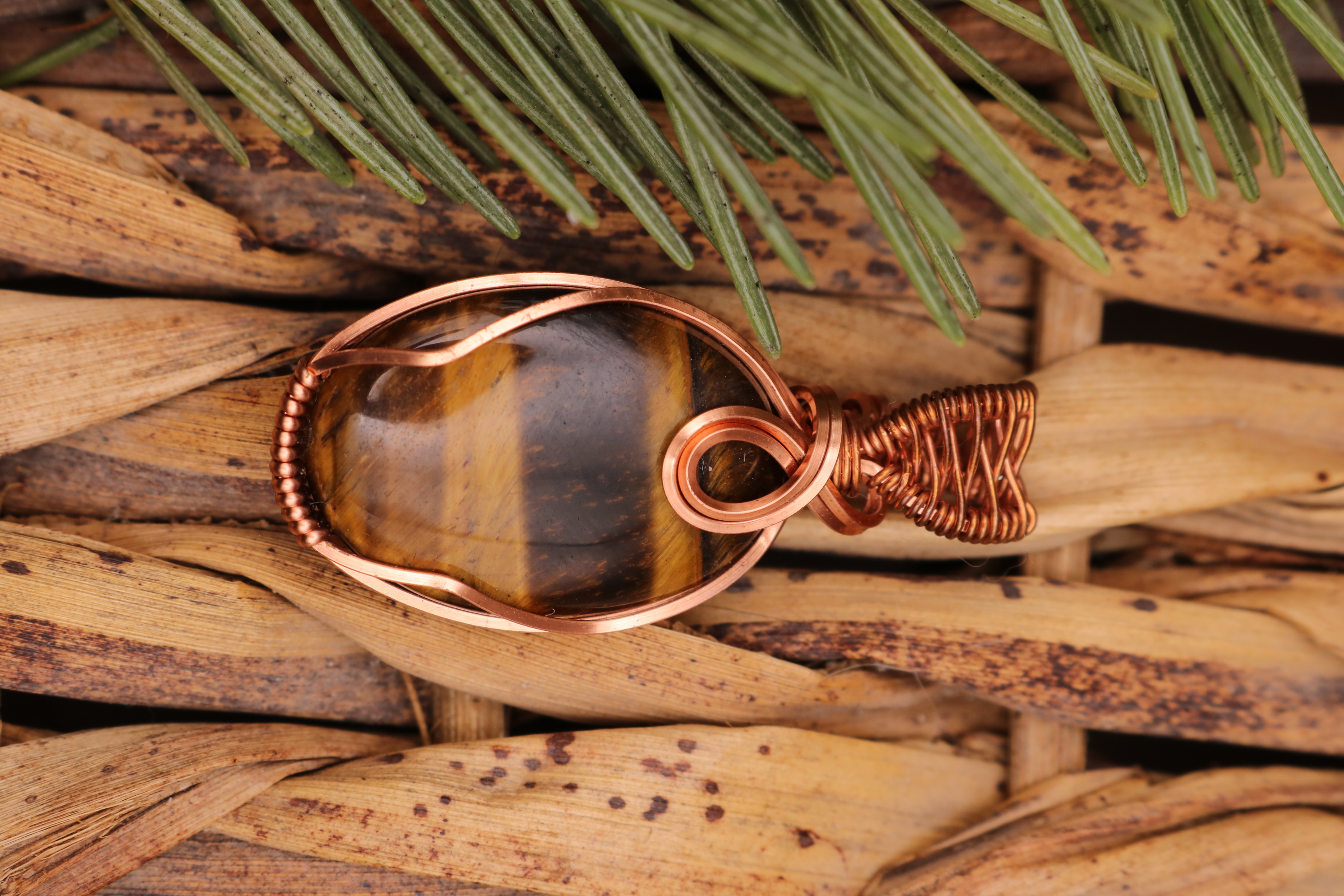 Copper Wire Wrapped Tiger's Eye Crystal Necklace Pendant