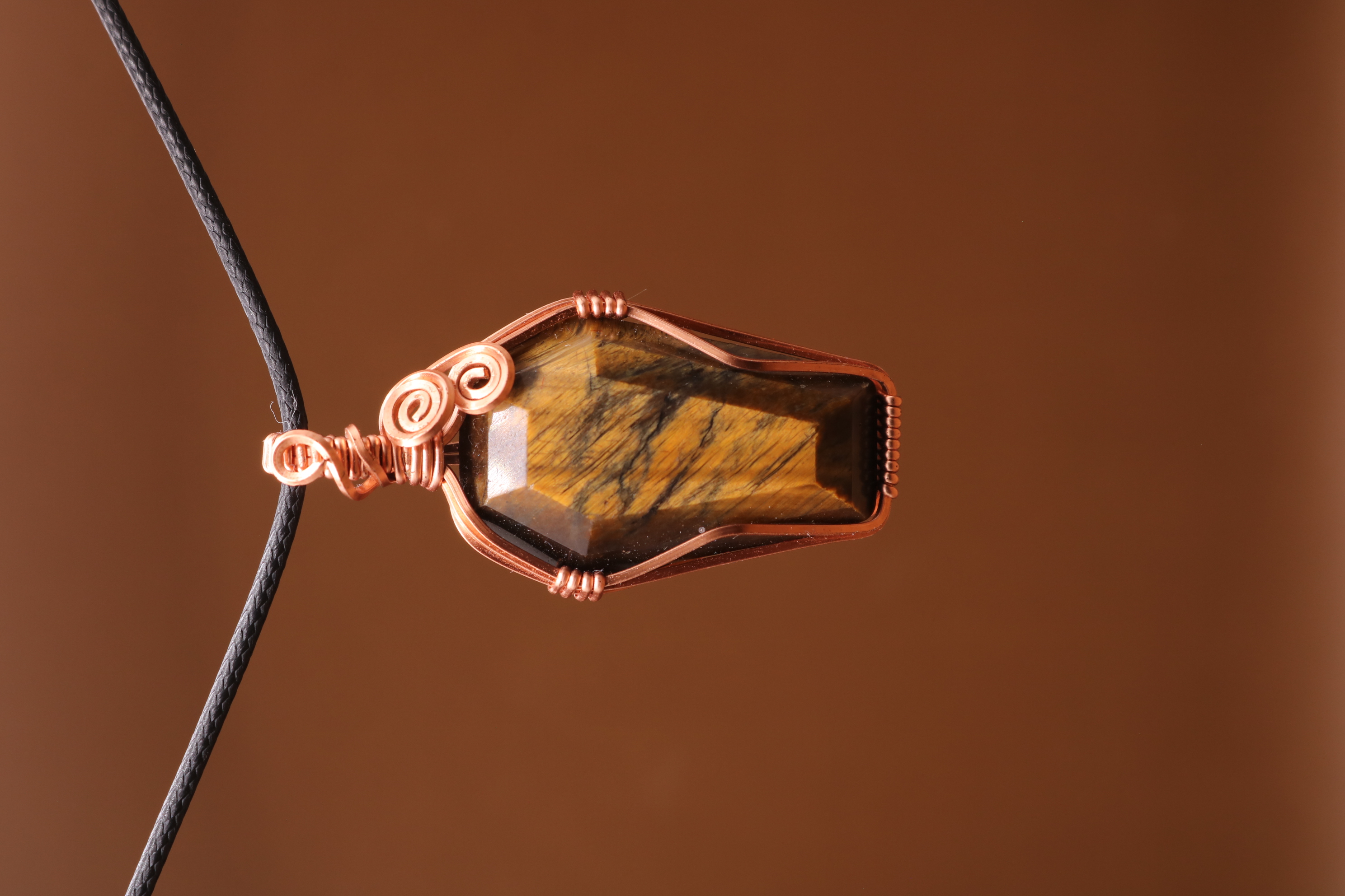 Copper Wire Wrapped Tiger's Eye Crystal Coffin Necklace Pendant