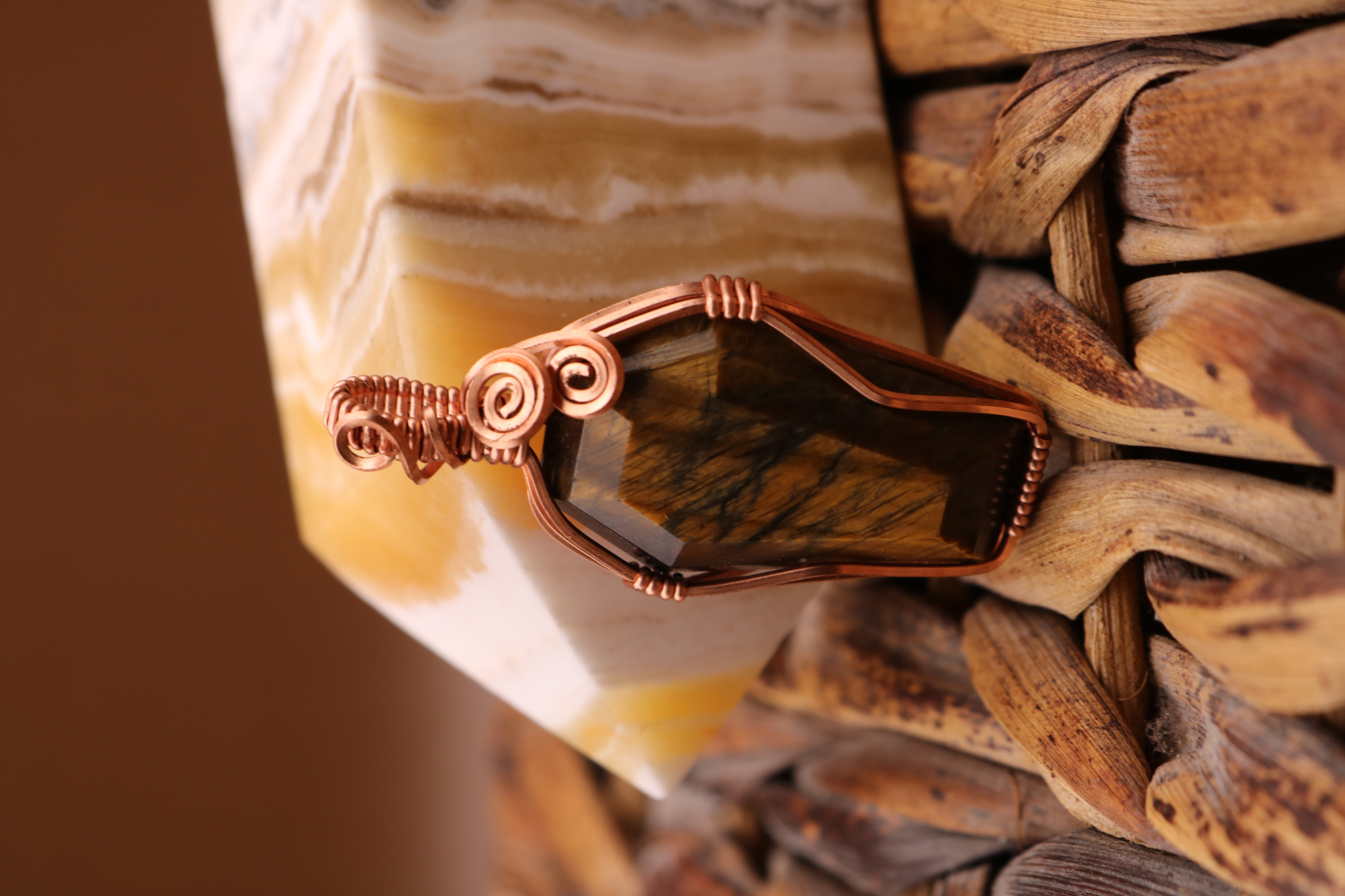 Copper Wire Wrapped Tiger's Eye Crystal Coffin Necklace Pendant