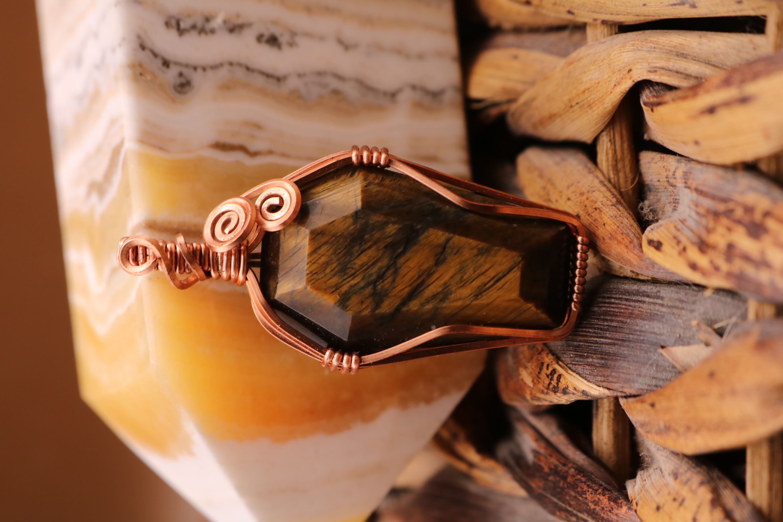Copper Wire Wrapped Tiger's Eye Crystal Coffin Necklace Pendant