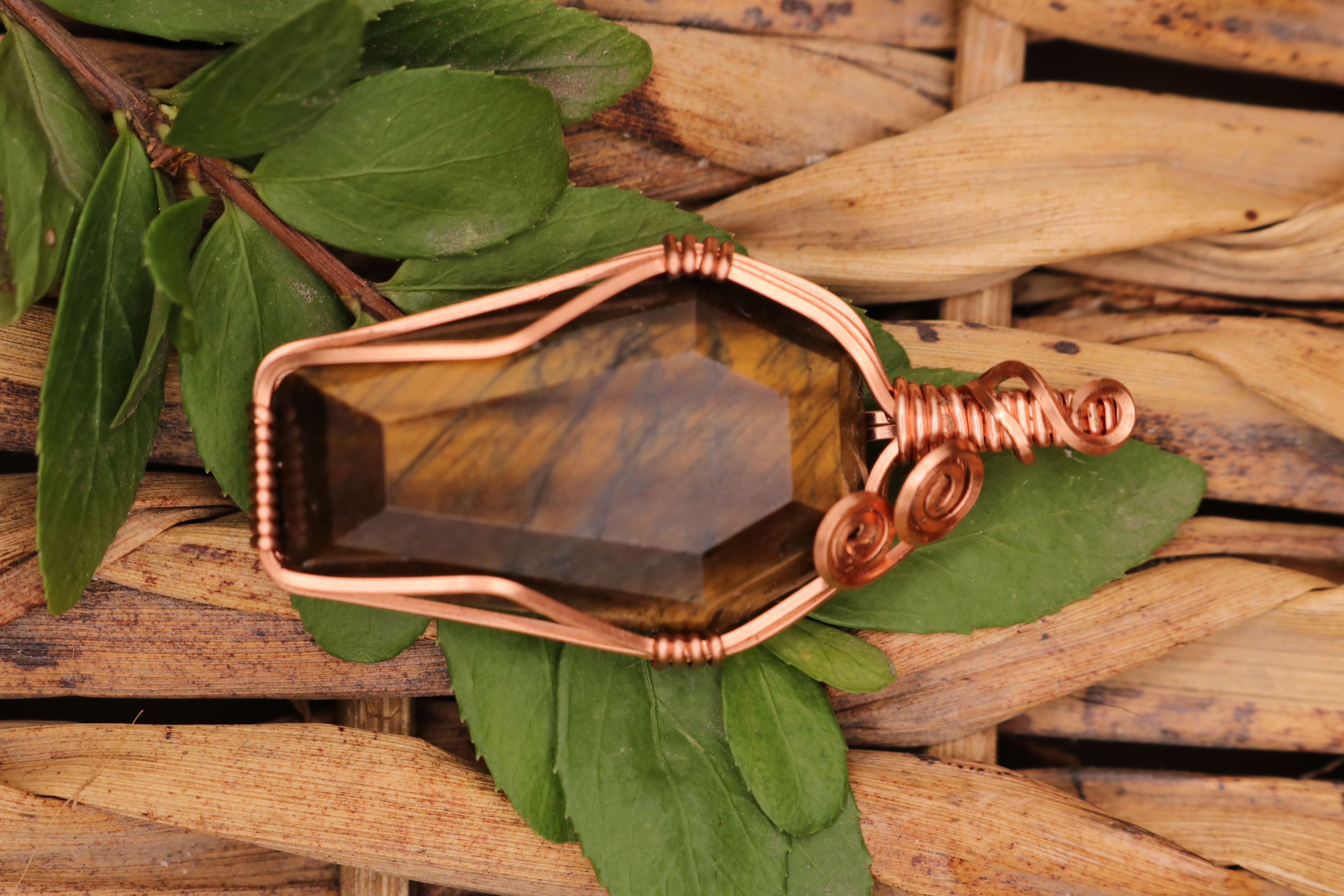 Copper Wire Wrapped Tiger's Eye Crystal Coffin Necklace Pendant